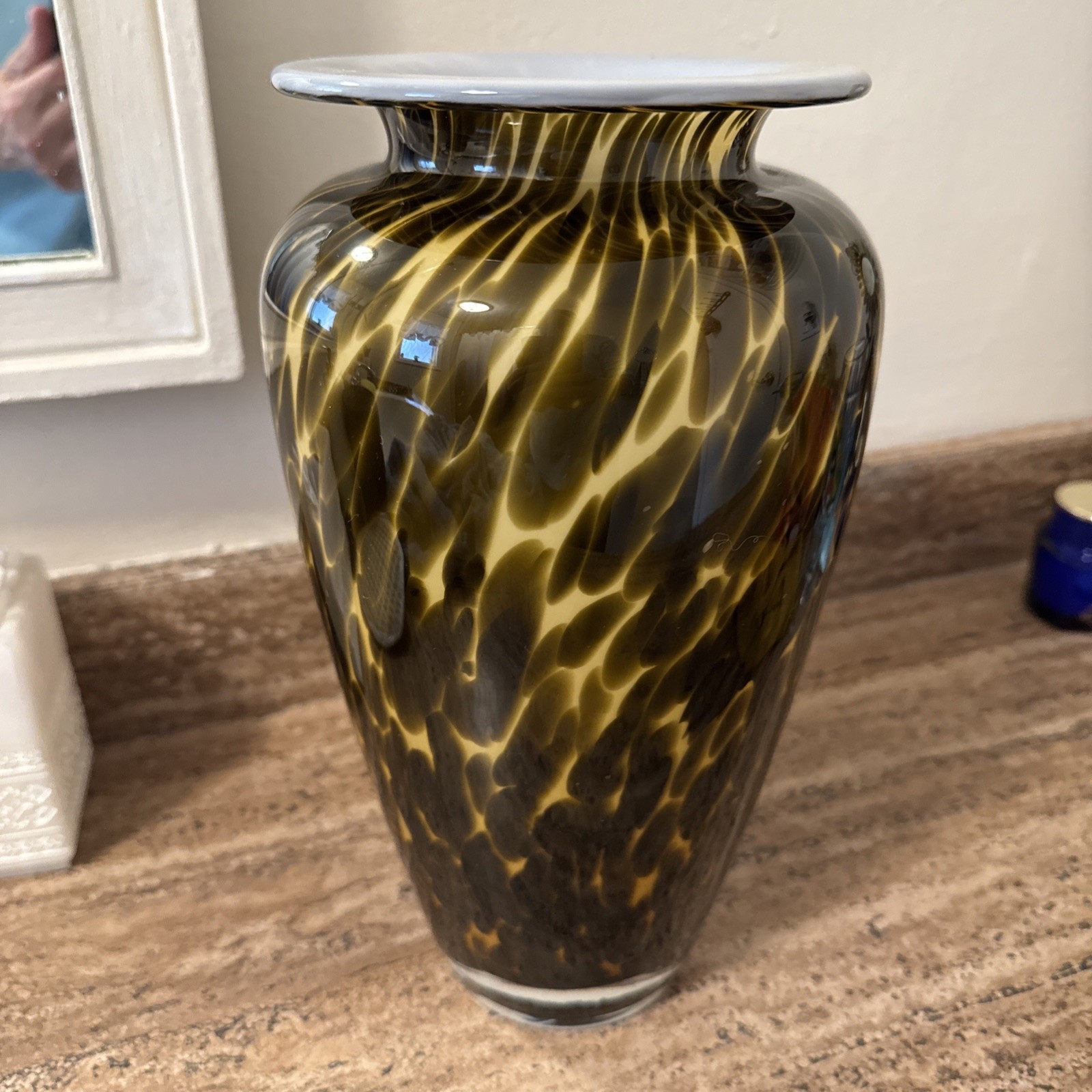 Hand Blown Art Glass Vase Amber/Brown Leopard Cheetah Print beautiful heavy base