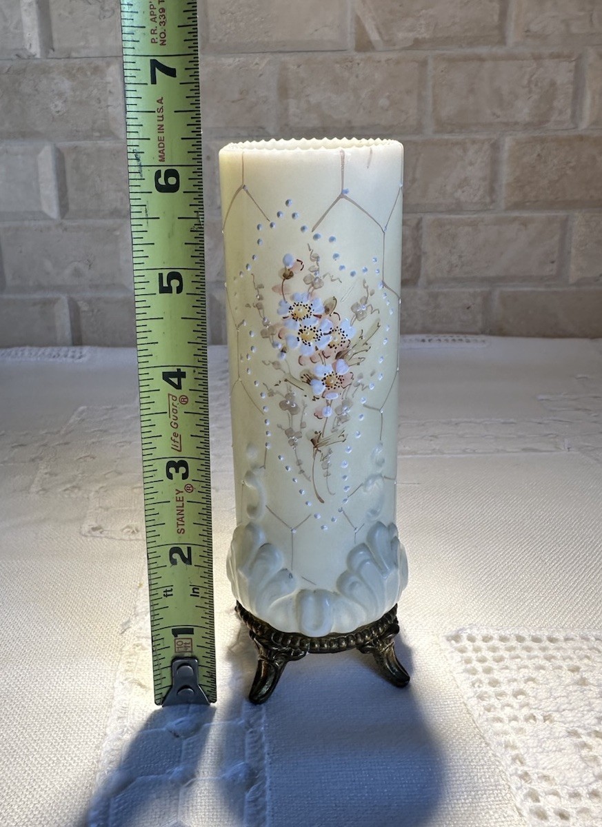 Antique C.F. Monroe Wave Crest Bud Vase, Floral Opal Glass w/ Ormolu Base 7.5”