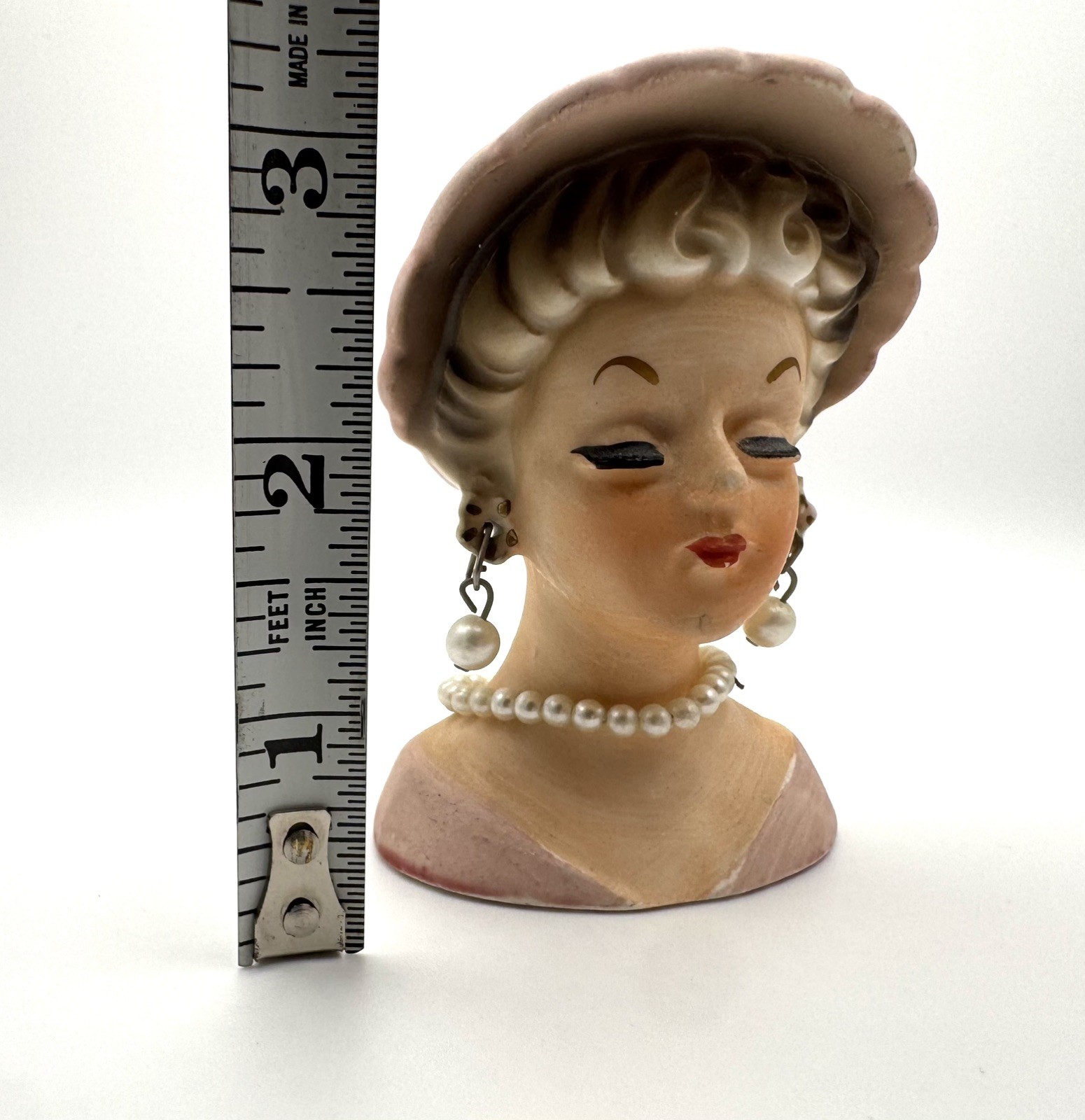 Vintage 3″ Mini Hat Lady HEAD VASE Pearl Earrings and Necklace Girl