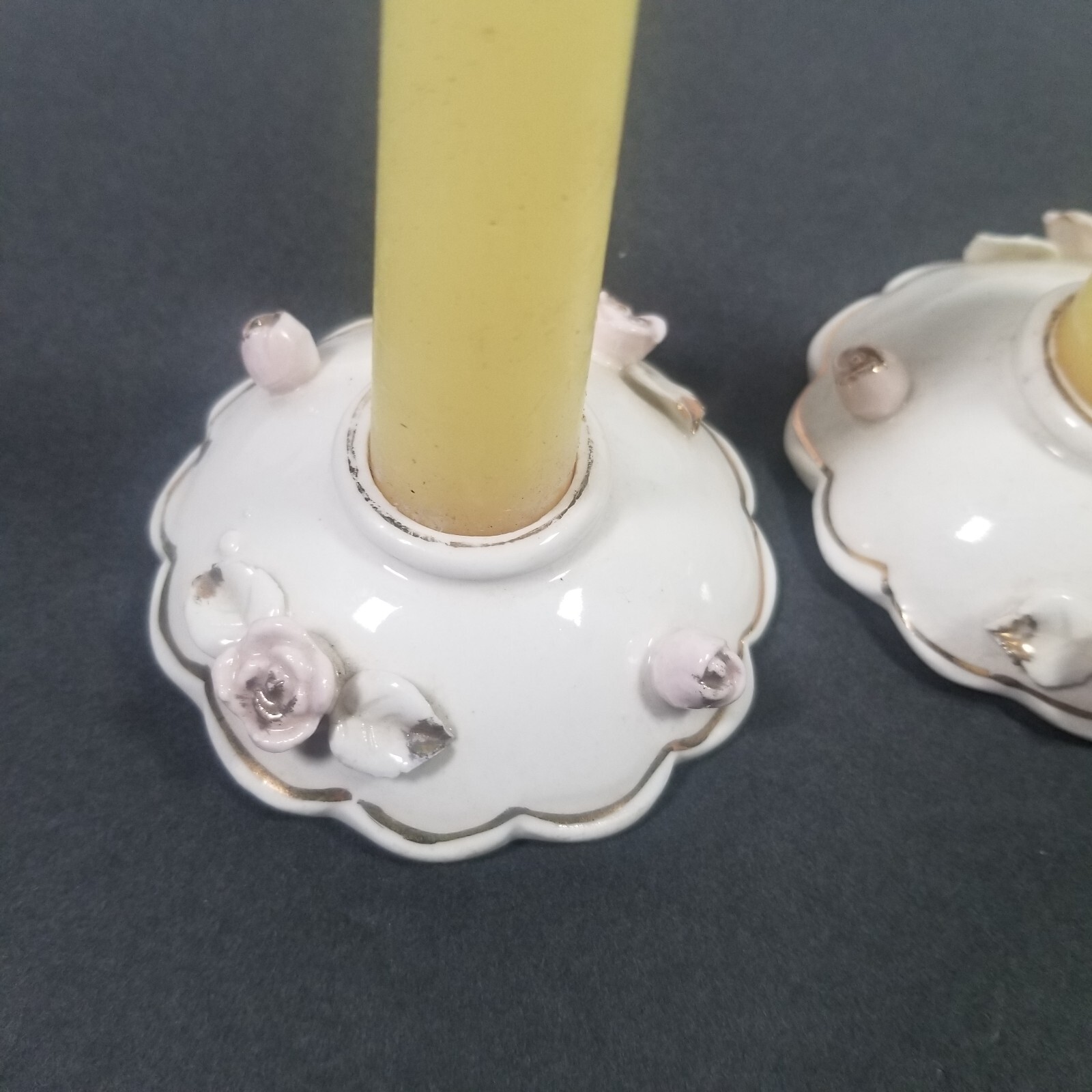Vintage Pair of RELCO Porcelain Candle Holders with Pink Roses Japan Boudoir
