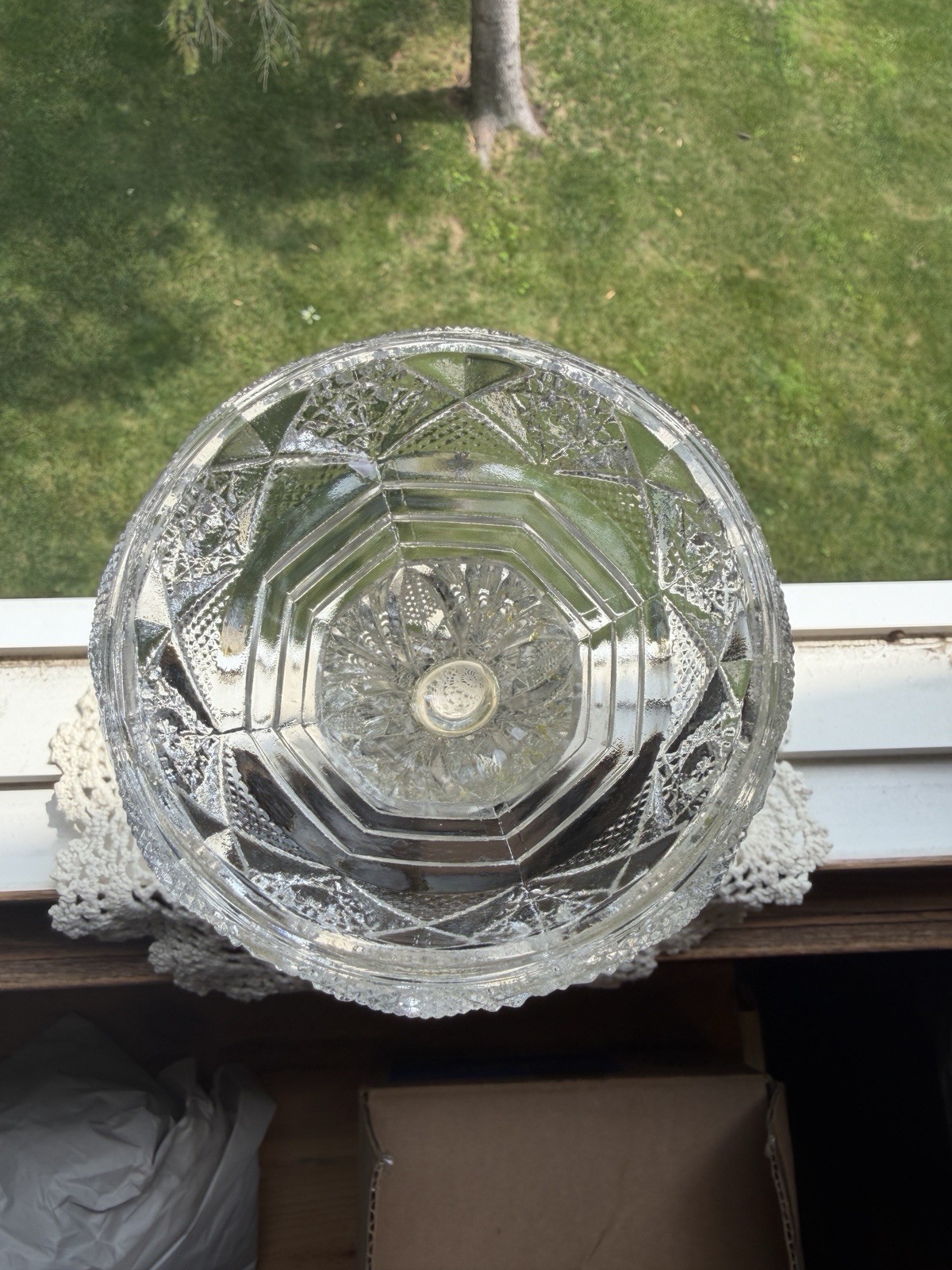 Imperial Glass Co. Clear Pressed Glass Trumpet Vase W/ Star Pattern Sawtooth Rim