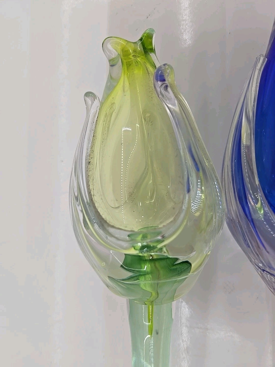 Princ Czech Republic Hand Blown Art Glass Flowers Tulips Long Stem Yellow Blue