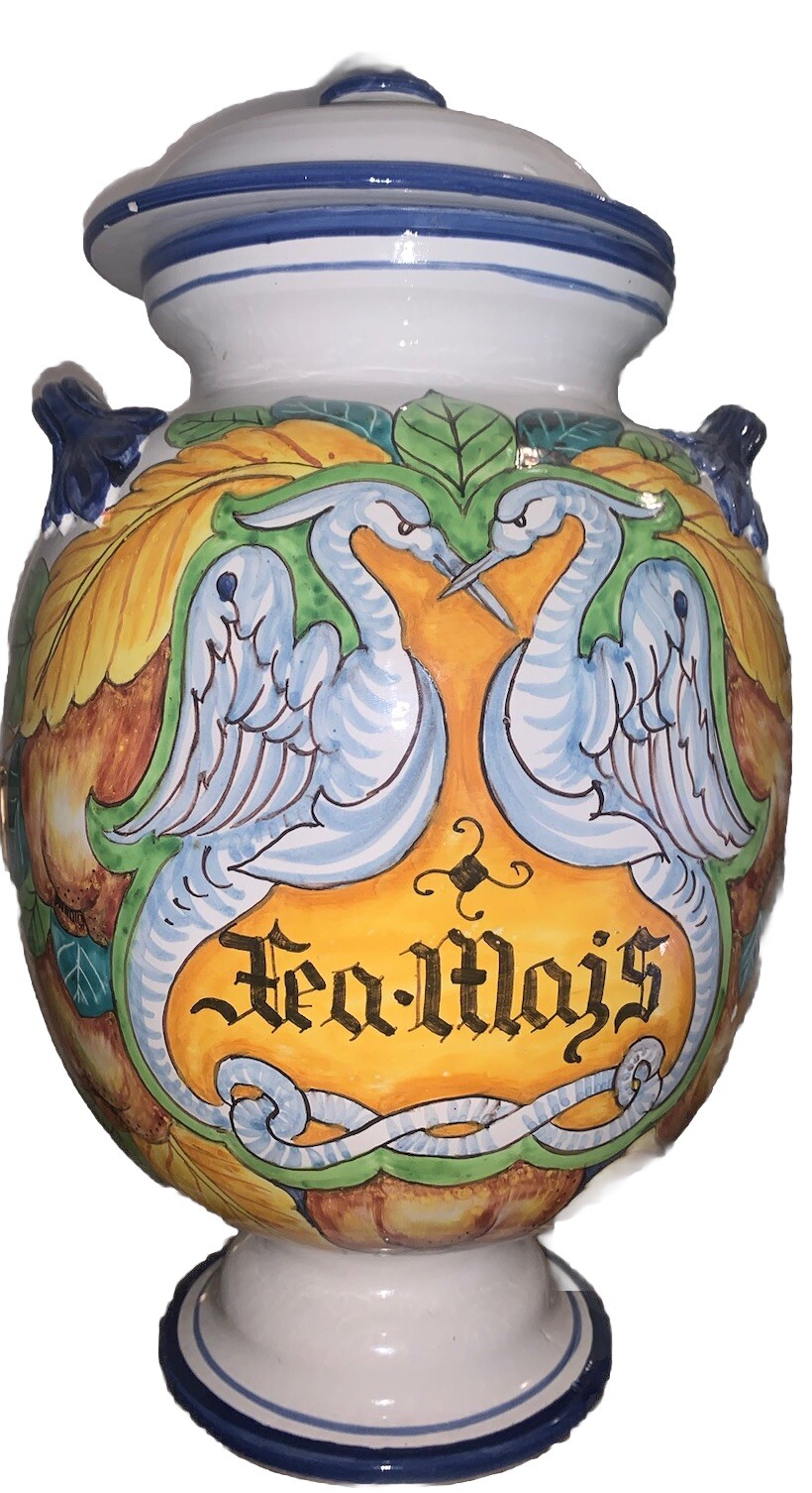 VTG Italy Double Birds Majolica Pottery Jar Vase 15.75”T 9.25”Diam Handpainted