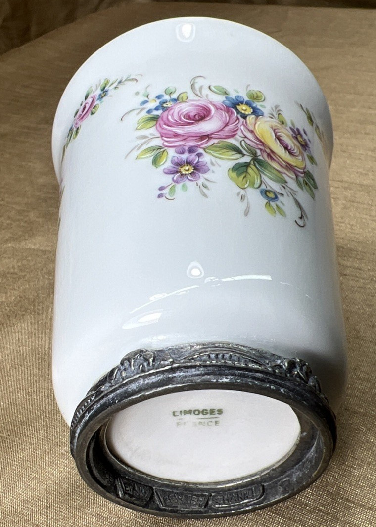 Antique Limoges France Hand Painted Floral Porcelain Vase w/French Étain Pewter