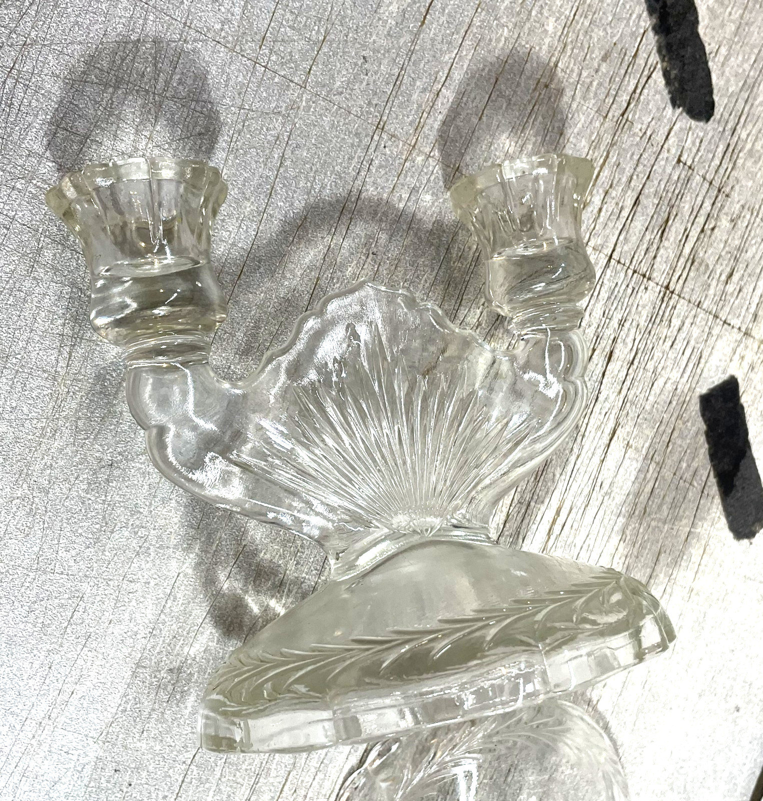 2 TWO Glass Double Candlestick Antique JEANNETTE Depression Herringbone 1935