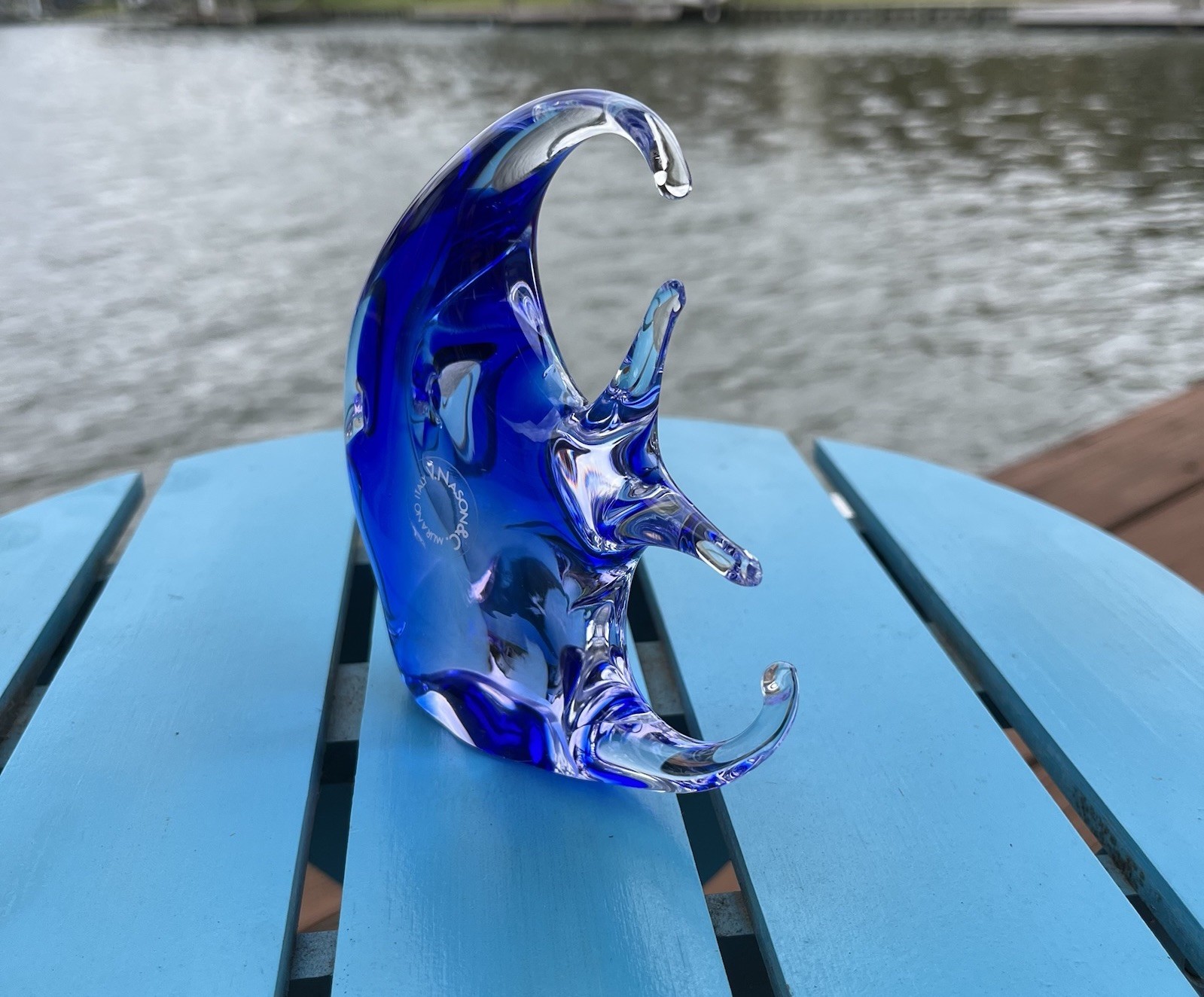 V. Nason & C. Murano Glass Paperweight Angelfish Cobalt Blue Clear Italy 4.5″