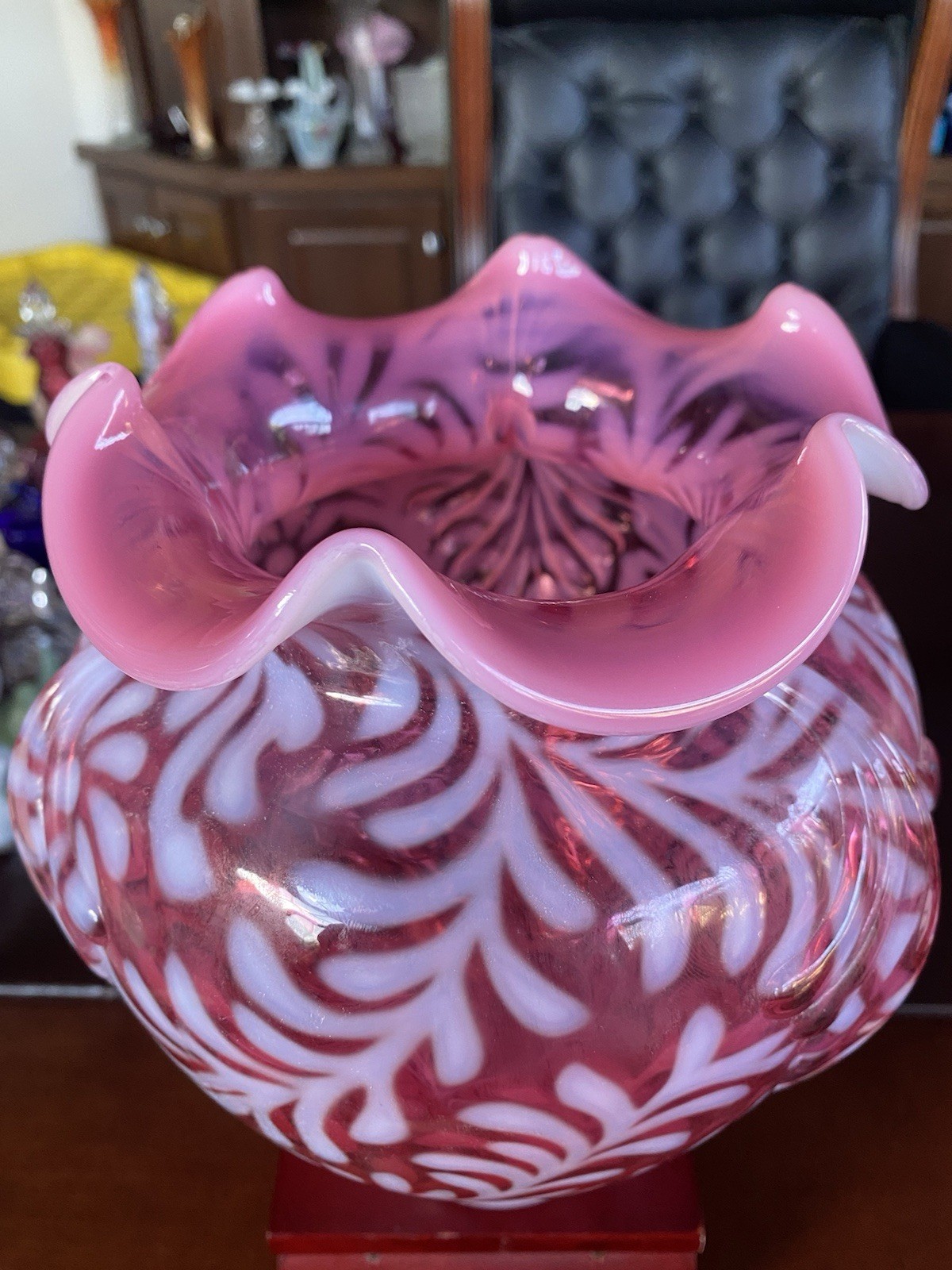 Fenton Cranberry Opalescent Daisy & Fern Large Ruffle Top Vase 9.5″H X 6”W!