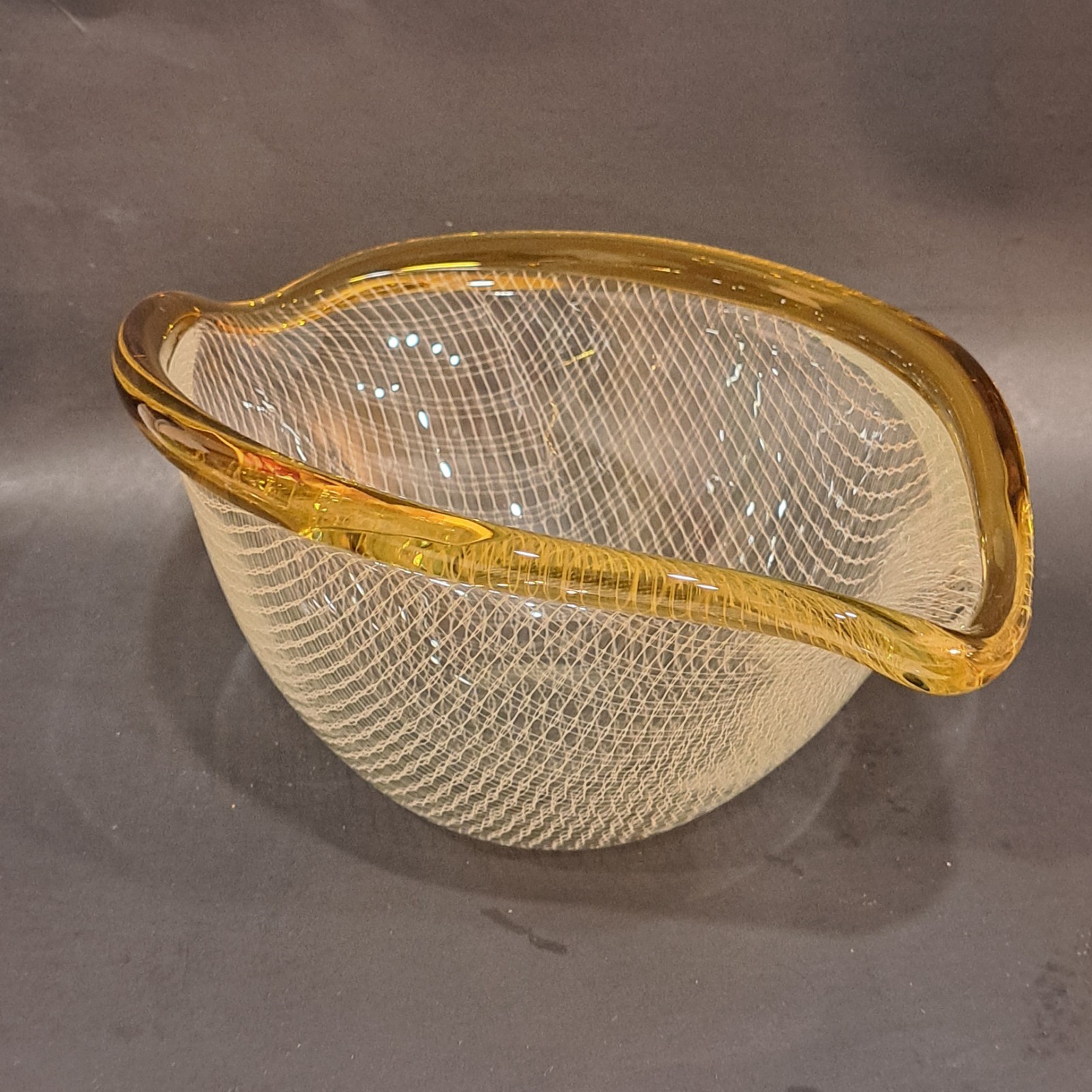 1950’s Bohemian Harrach Hartill Technique Glasswork Bowl Clear with Gold Rim
