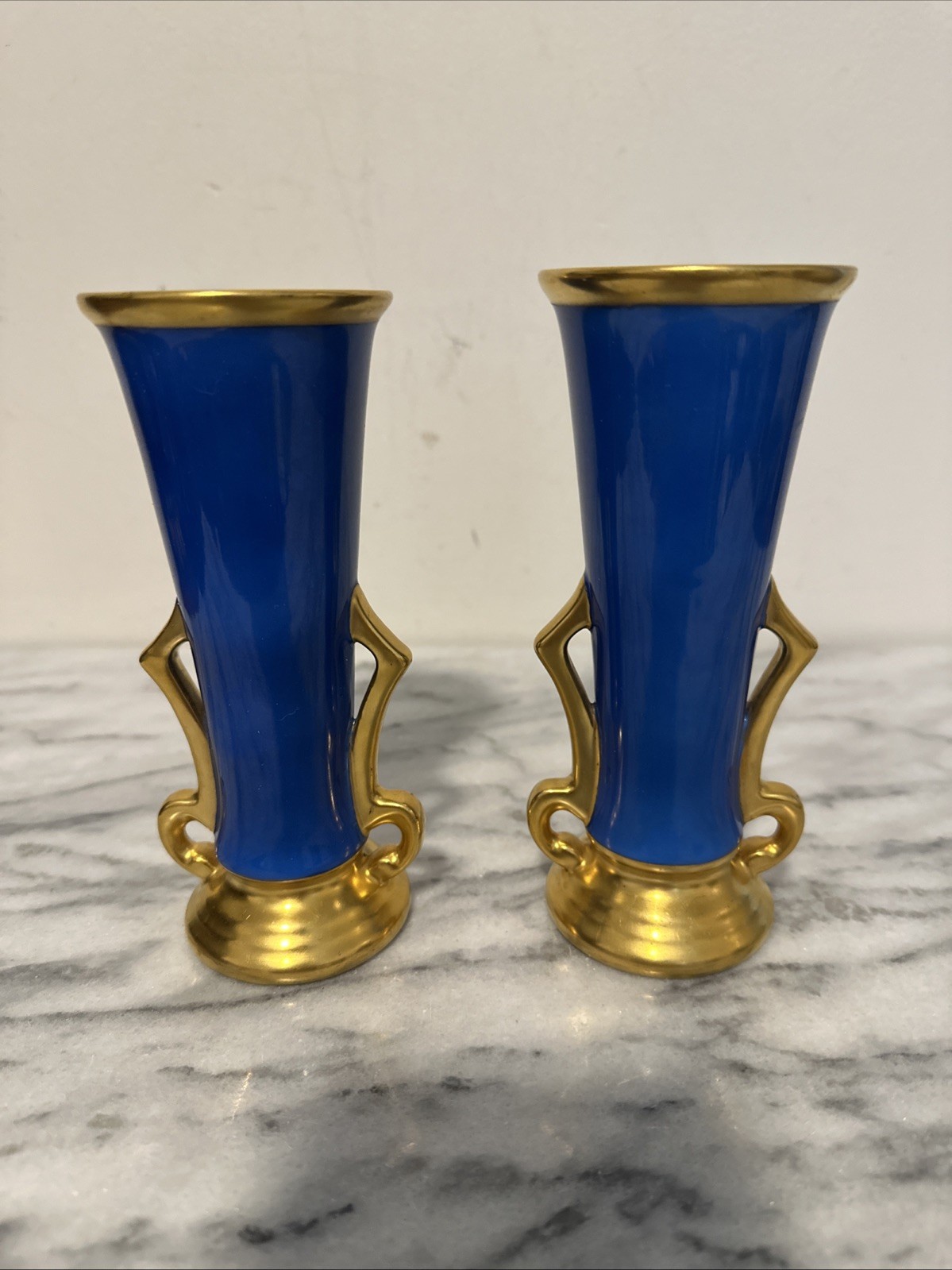 Art Nouveau Classical Revival European Set Of Two Porcelain Vases Blue With Gold