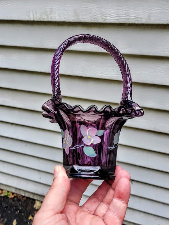 Vintage Artist Signed FENTON Amethyst Purple Art Glass Ruffled Basket 7” tall