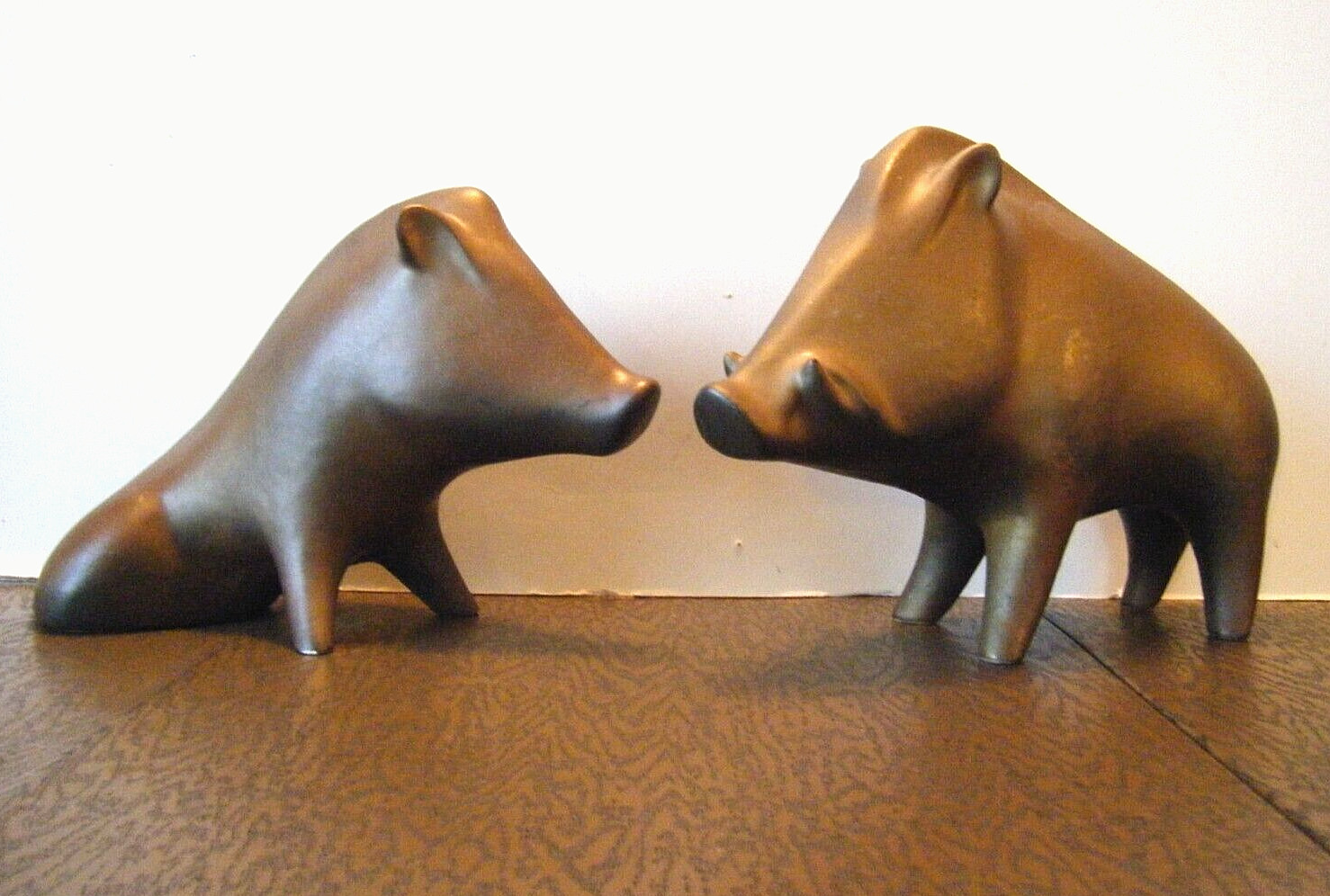 MCM Vintage 60s Pottery Pair Razorback Hogs Wild Boars with Etruscan Glaze
