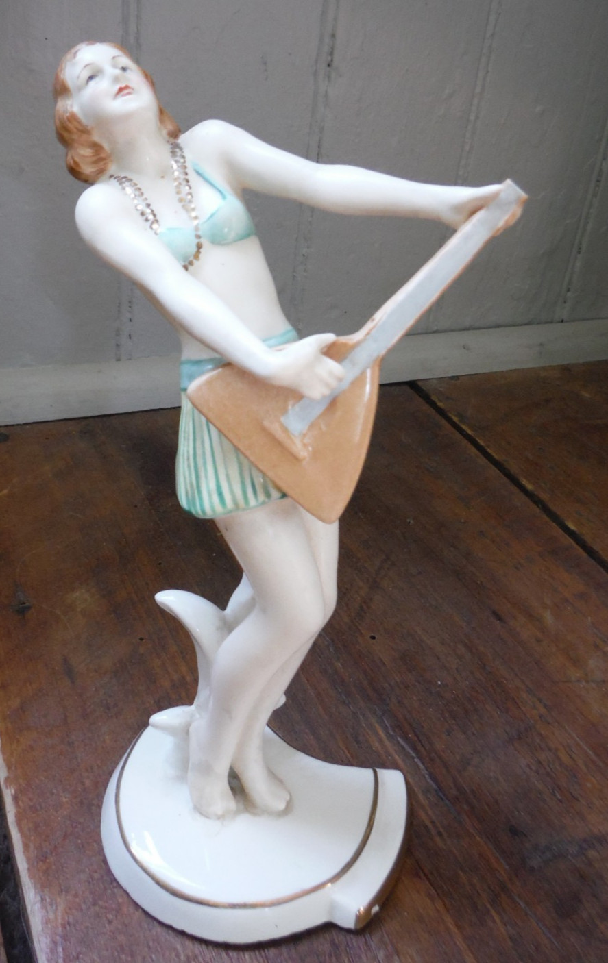 Art Deco ELLY STROBACH Royal Dux Figure Bathing Beauty w/ Russian Balalaika VGC
