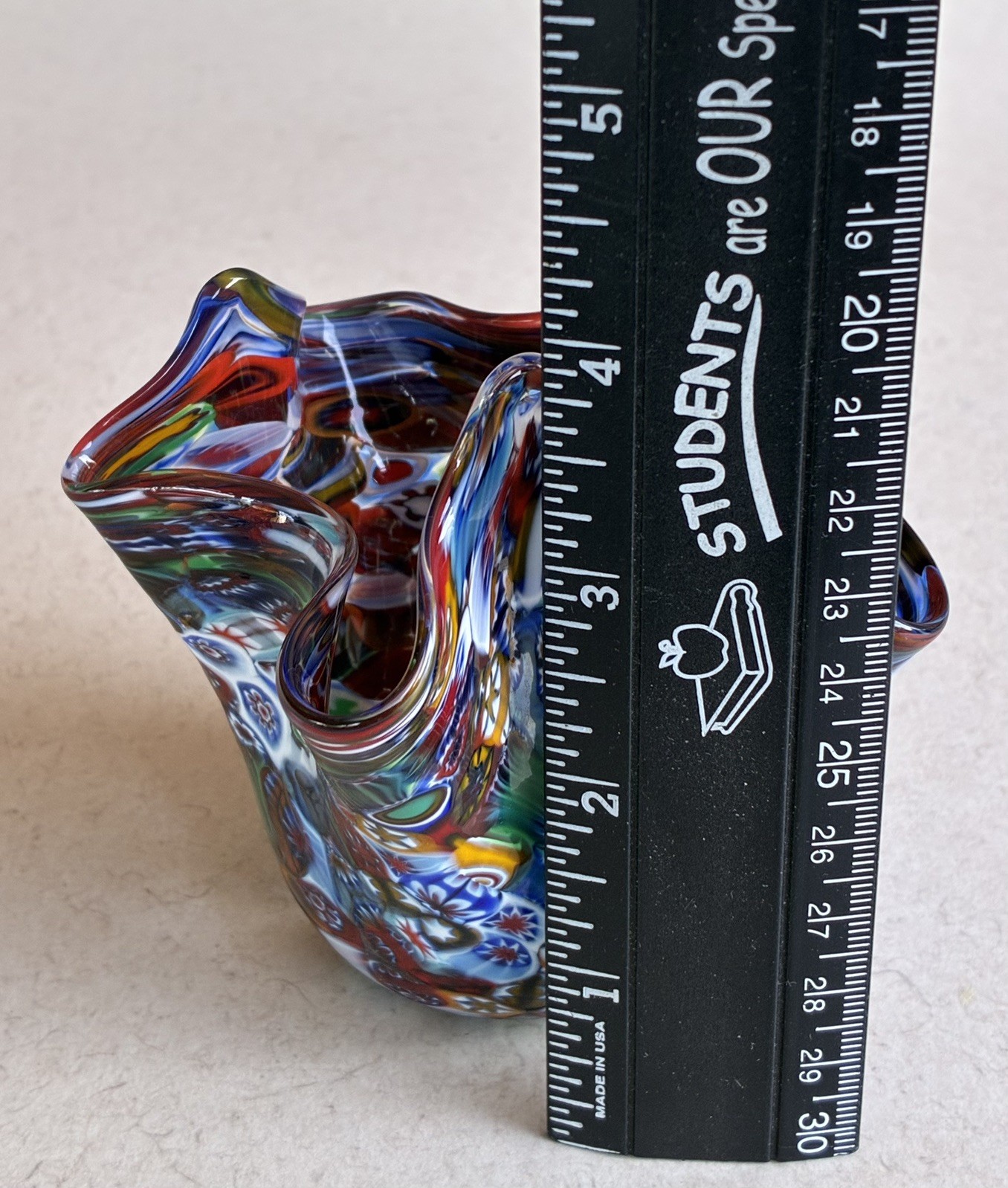 Murano Venice Italy Hand Blown Glass Millefiori Handkerchief Vase Multicolor 4”