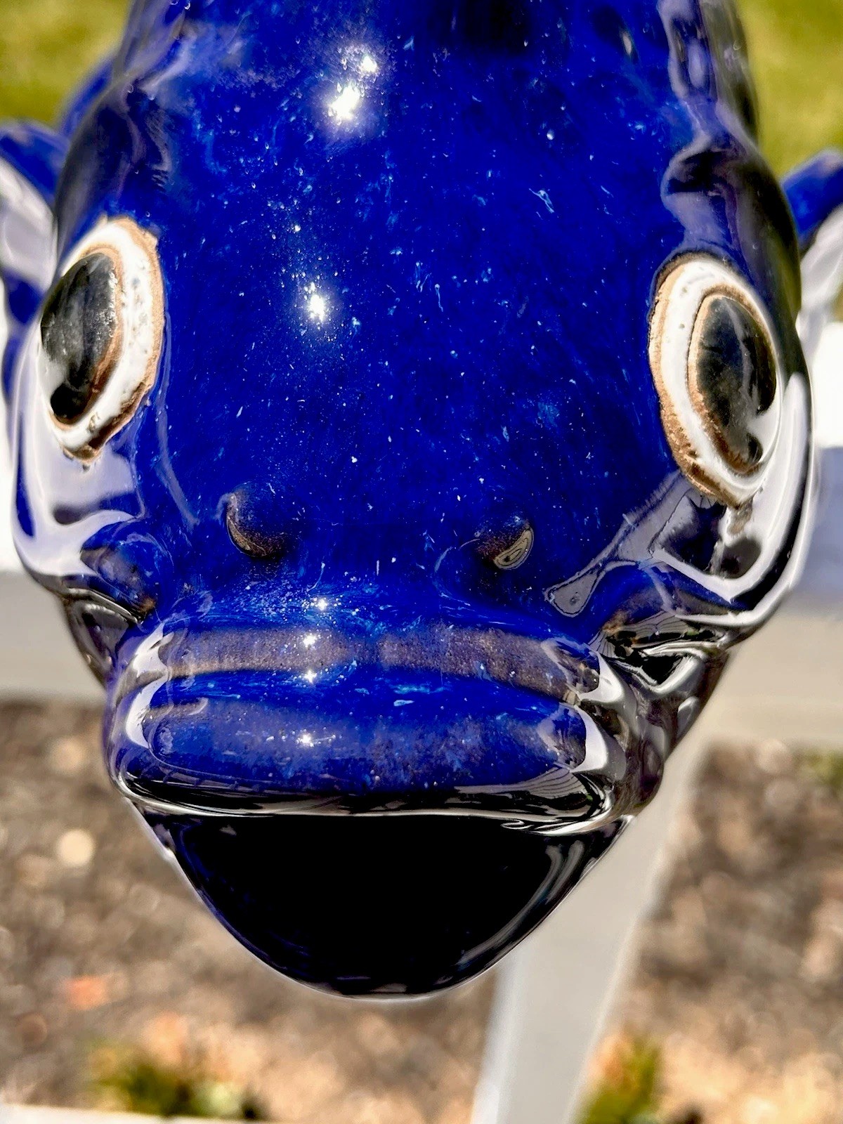 Art Pottery Cobalt Blue Fish Koi Sculpture Garden Decor World Market Approx 12”L