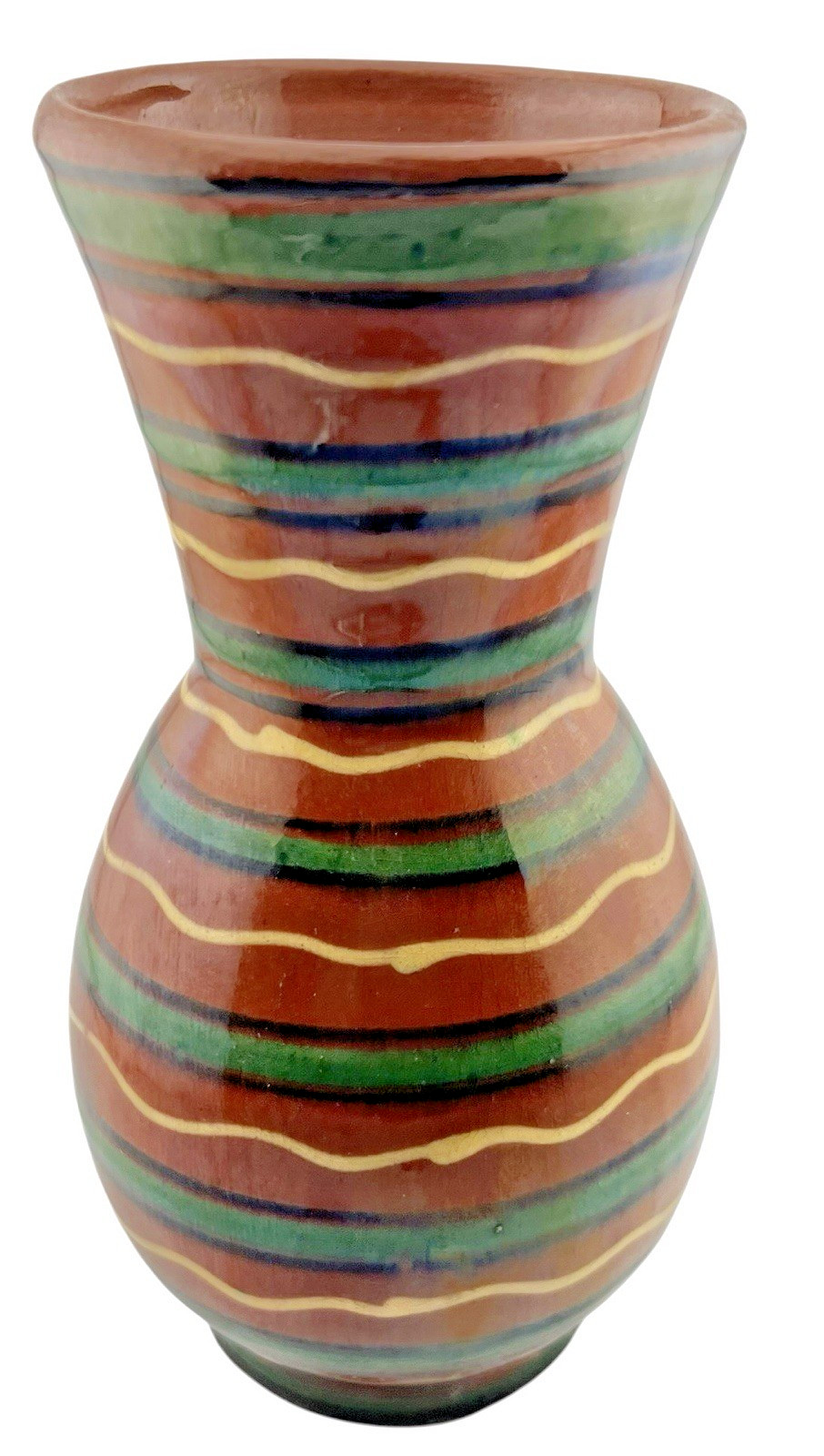 Handmade Redware Art Pottery Vase Green Blue Yellow Stripes 7″ x 3”