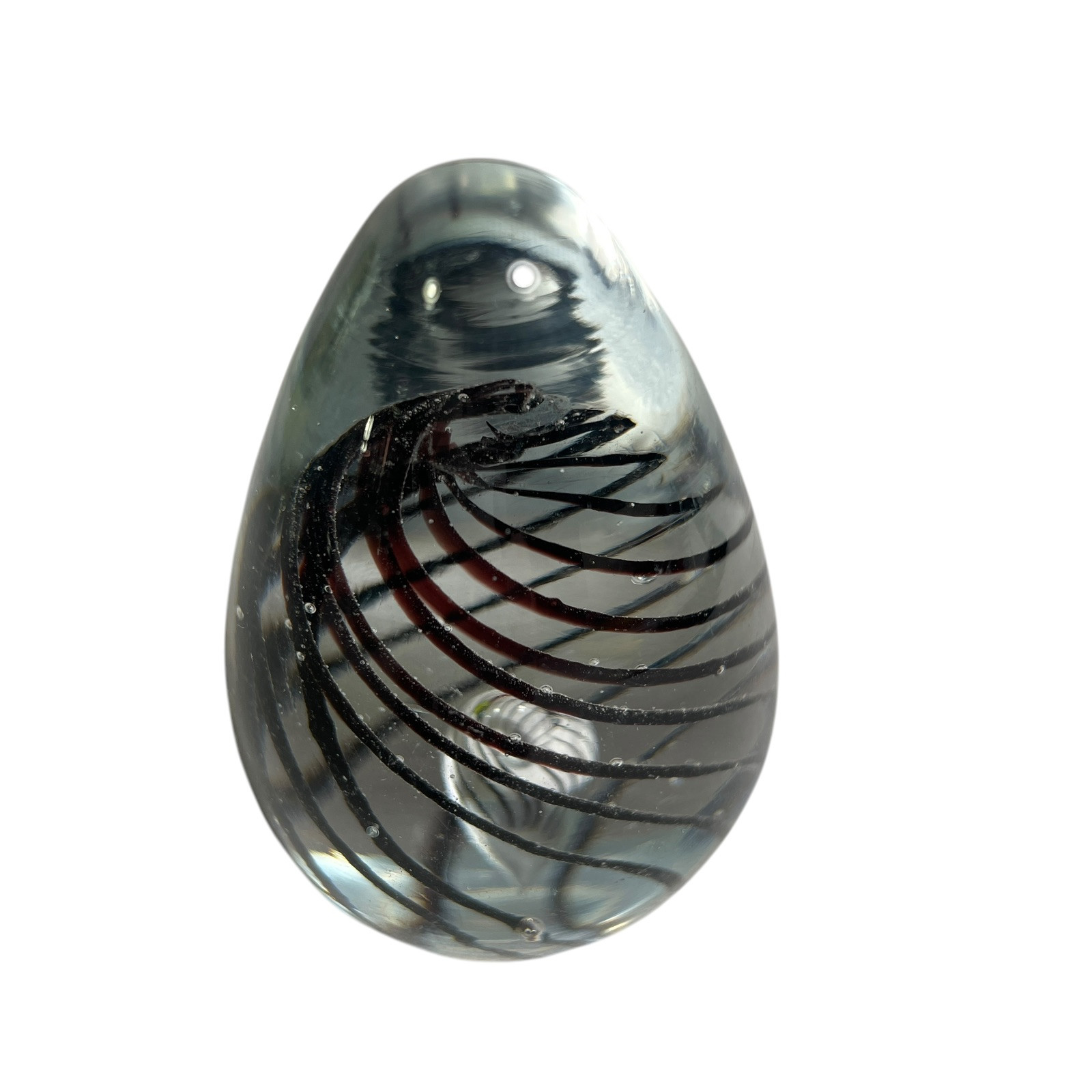 Art Glass Paperweight Clear Black Swirl Stripe Bubble Egg Shaped 7oz
