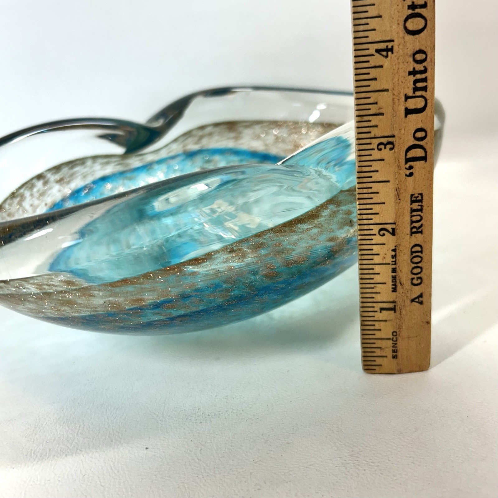Vtg Italian Aquamarine Teal & Gold Fleck Aventurine Bowl 8″ 2.75 lbs Murano?