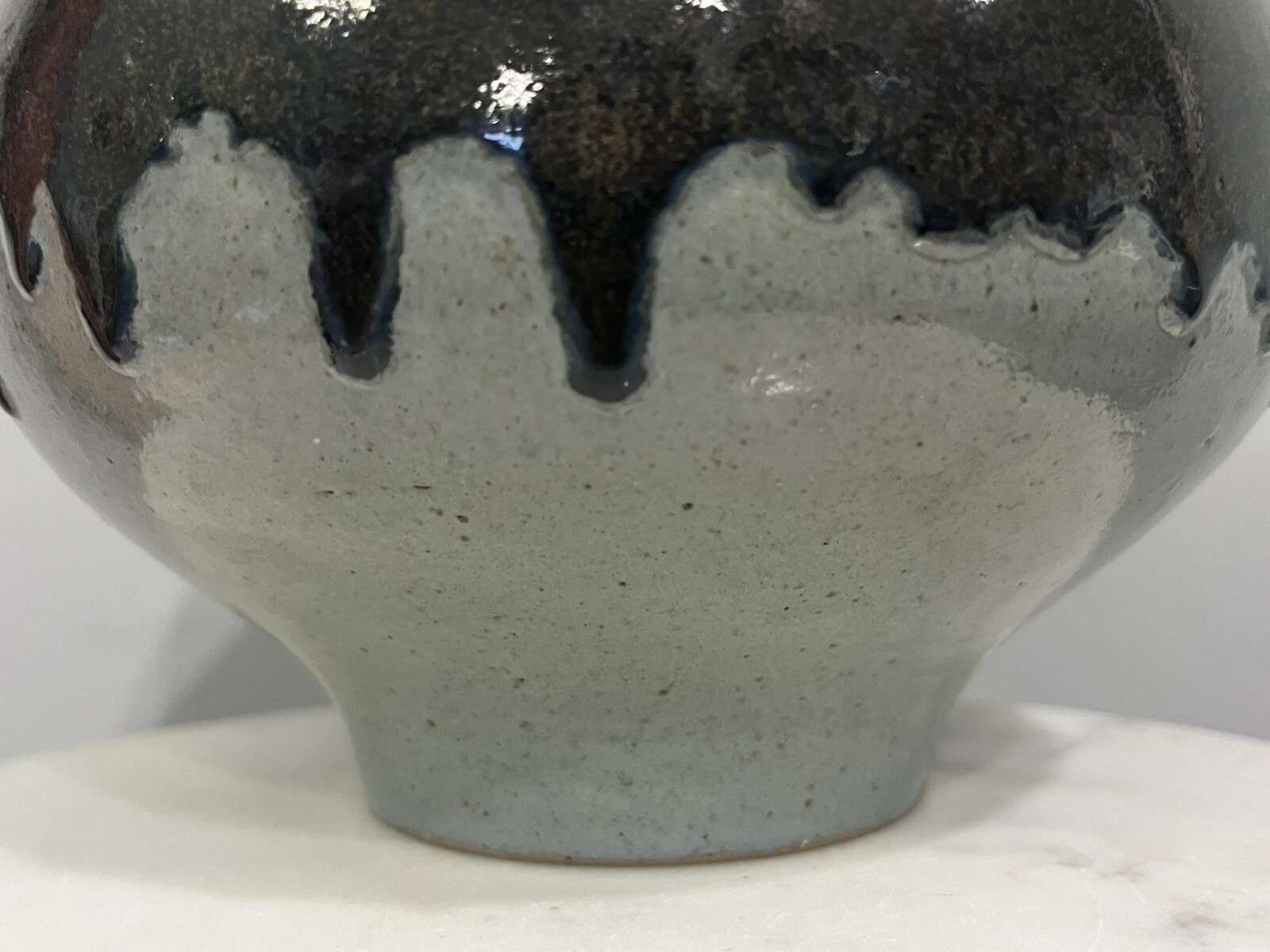 Neutral Drip Glaze Art Pottery Round Hand Thrown Vase or Planter Stamped 5.5”