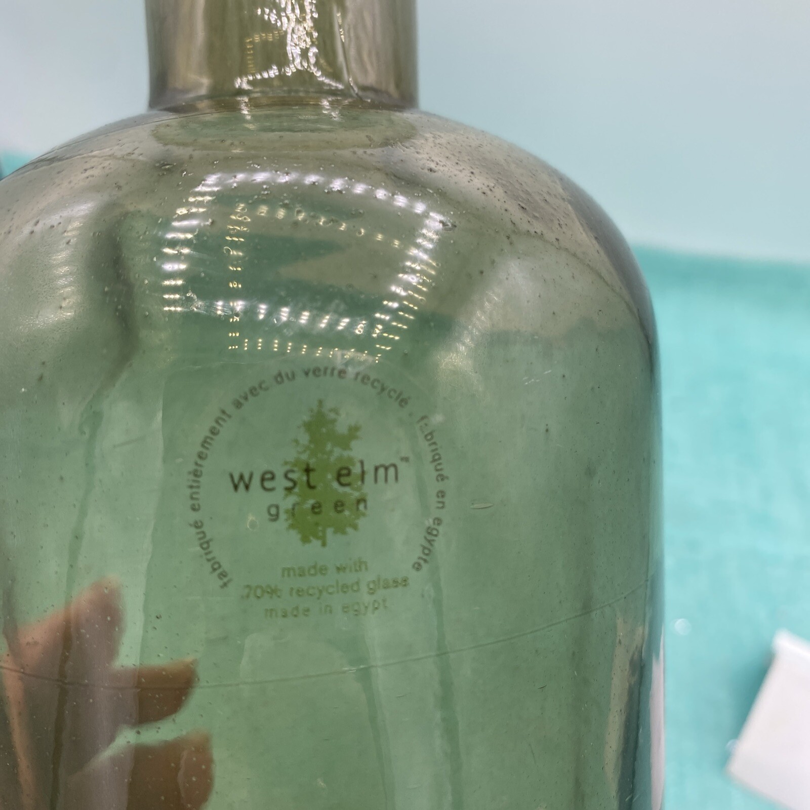 West Elm Smokey Green Glass Jug Vase Emerald 11” Tall Made In Egypt