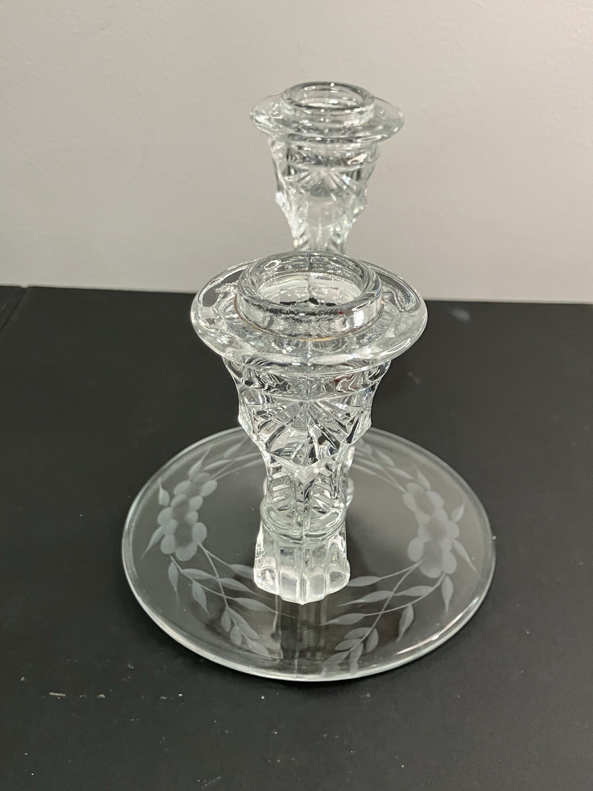 2 Vintage Art Deco Double Candle Candelabra Etched Base Crystal MCM EUC