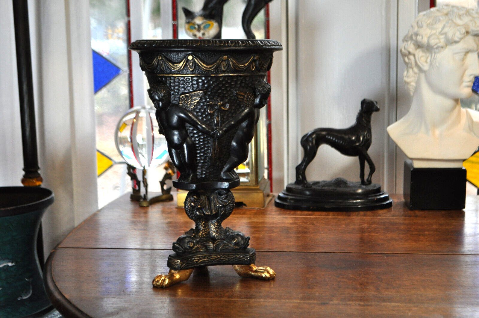 Vintage Wildwood Accents Gilt Vase / Cherubs Continental Dolphin Claw Foot Base