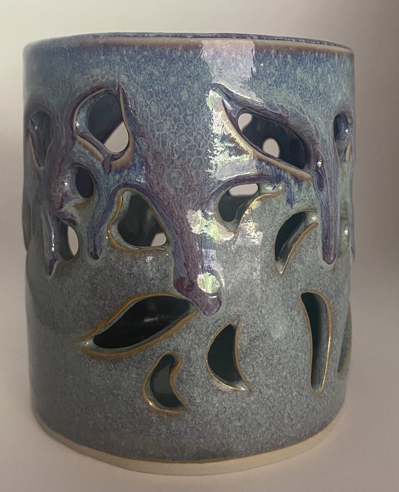 Bay Pottery Studio Art Candle Holder Luminaria Cut Out Floral Detail Purple