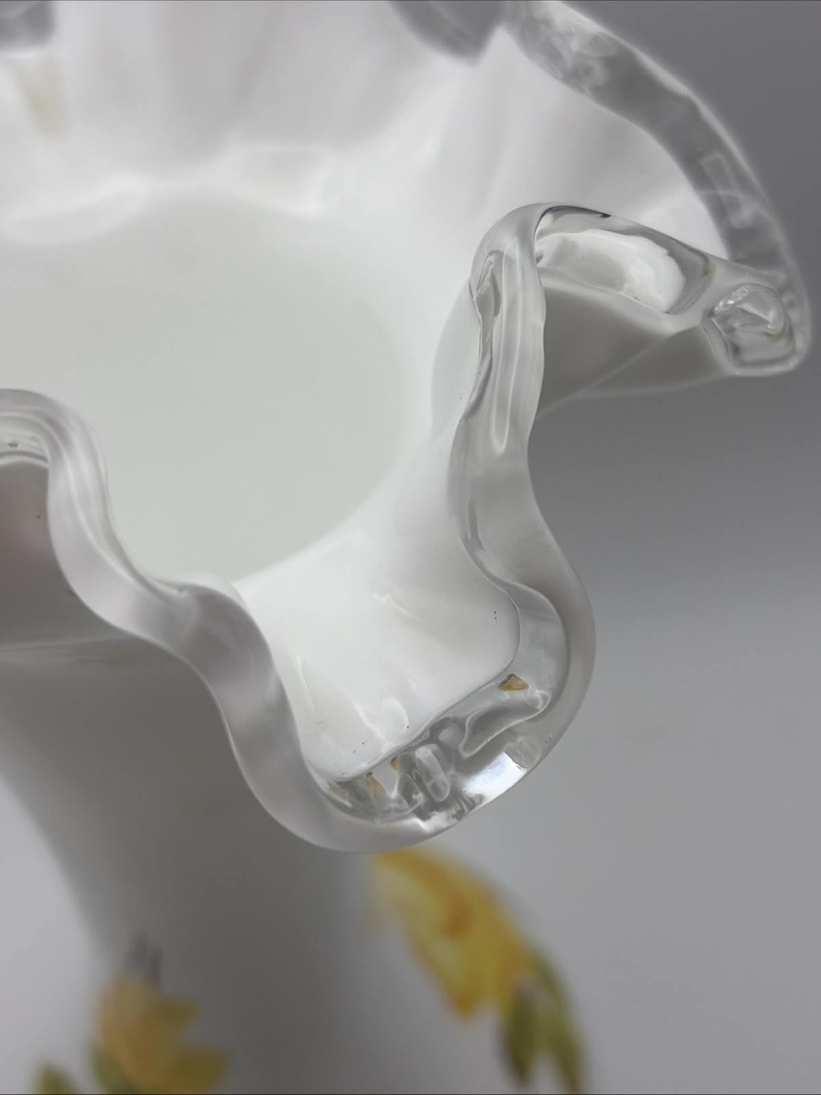 VTG Fenton Milk Glass Ruffle Crest Handpainted Vase Yellow Roses 8”