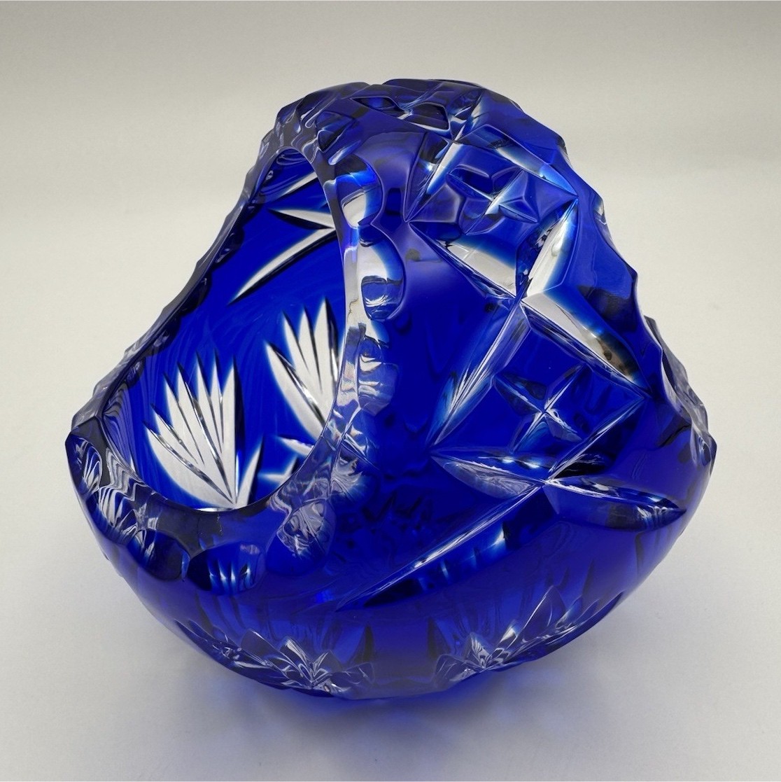Vintage Cobalt Blue Cut Crystal Basket Bowl – Deep Cut Star & Fan Pattern