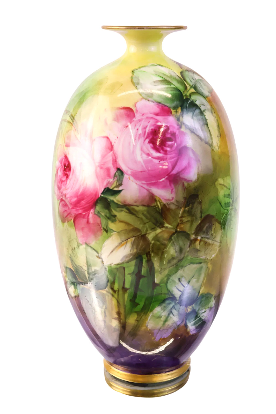 Vintage CAC Lenox Belleek Porcelain 11″ Vase Hand Painted Pink Cabbage Roses
