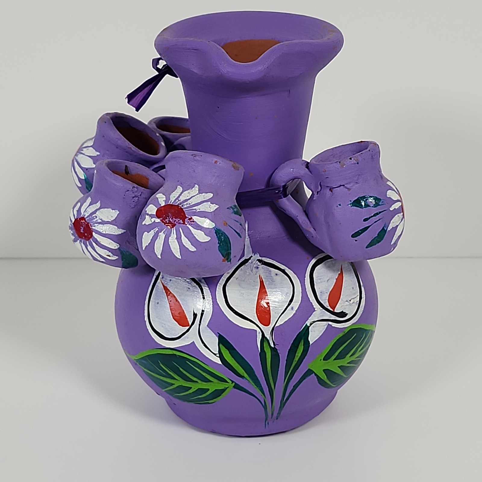 Purple Hand Painted Mexican Pottery Vase Jug 5 Cups Floral Folk Art Decor 6in