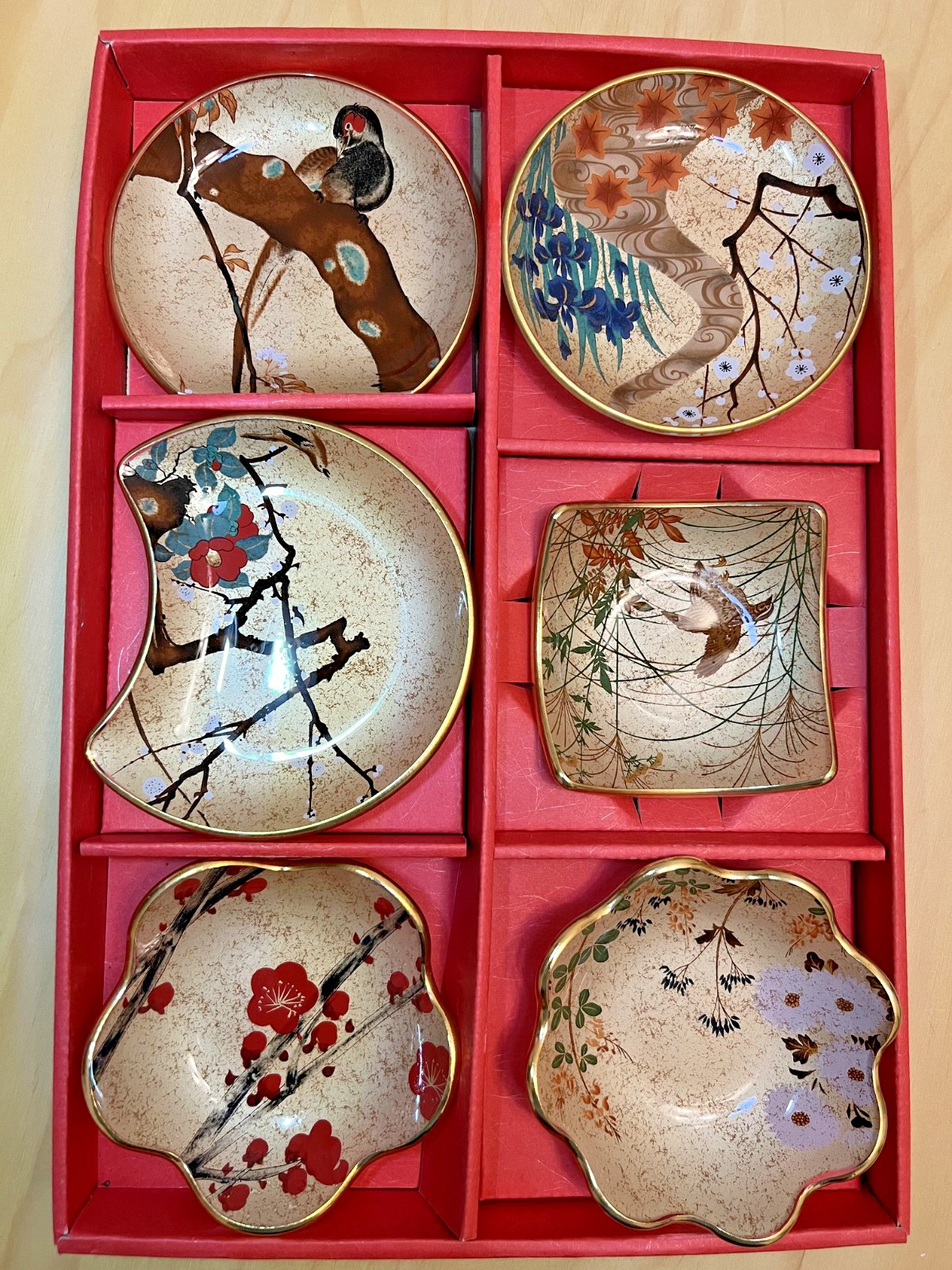 Kawamura Glass Japanese Dish Set 6pc Gold Rim Plates Birds w/Box