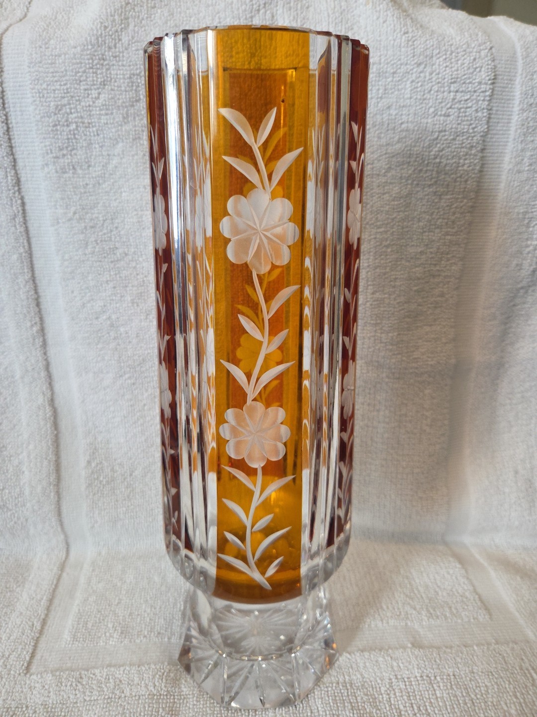 1960’s Huta Szkła Julia Yellow Amber Cut to Clear Crystal Vase Made in Poland