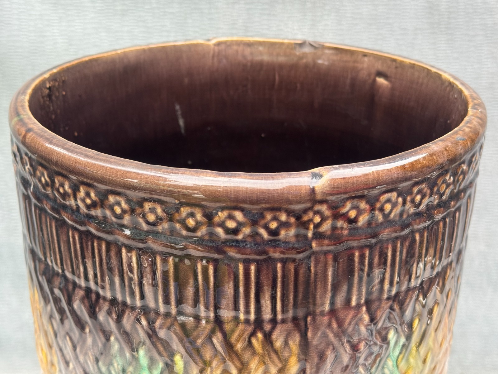 VINTAGE BOHO CHIC FLOOR VASE LARGE STONEWARE POTTERY BIN EXOTIC DRIP GLAZE 20″