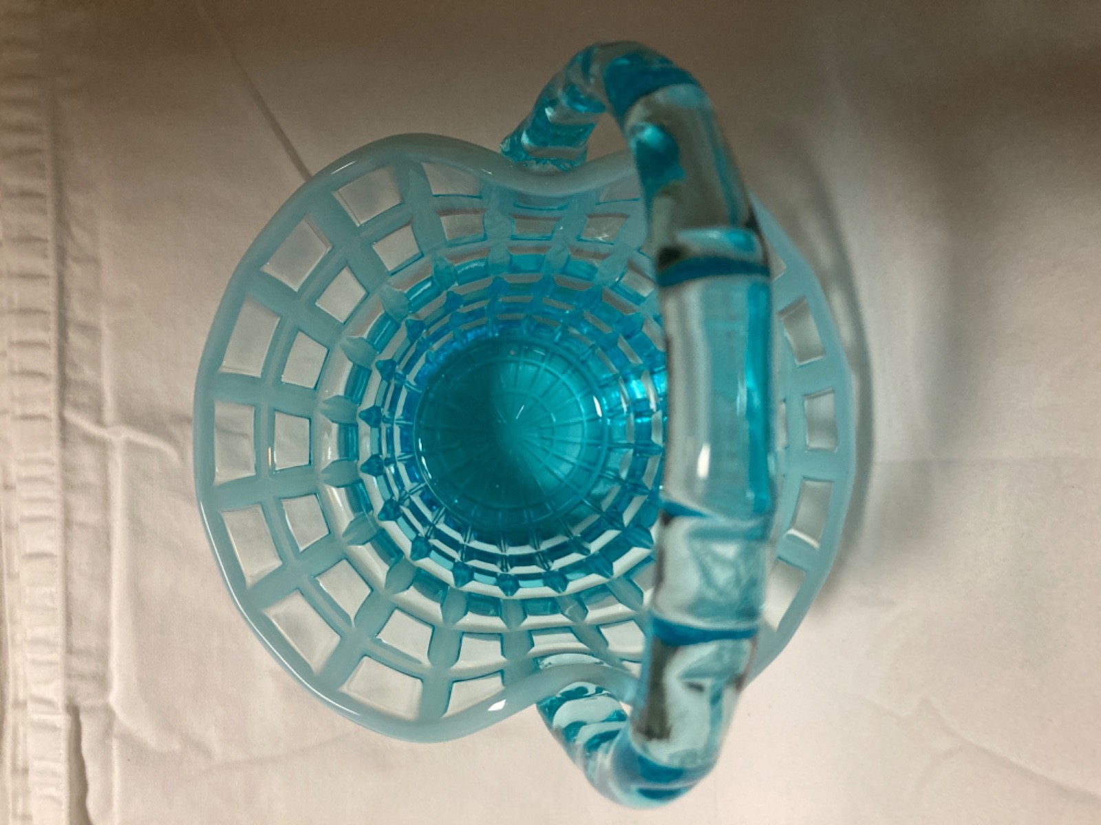 Fenton Waffle Glass Basket, Aqua Blue Opalescent, 1960 Beatty Waffle Pattern