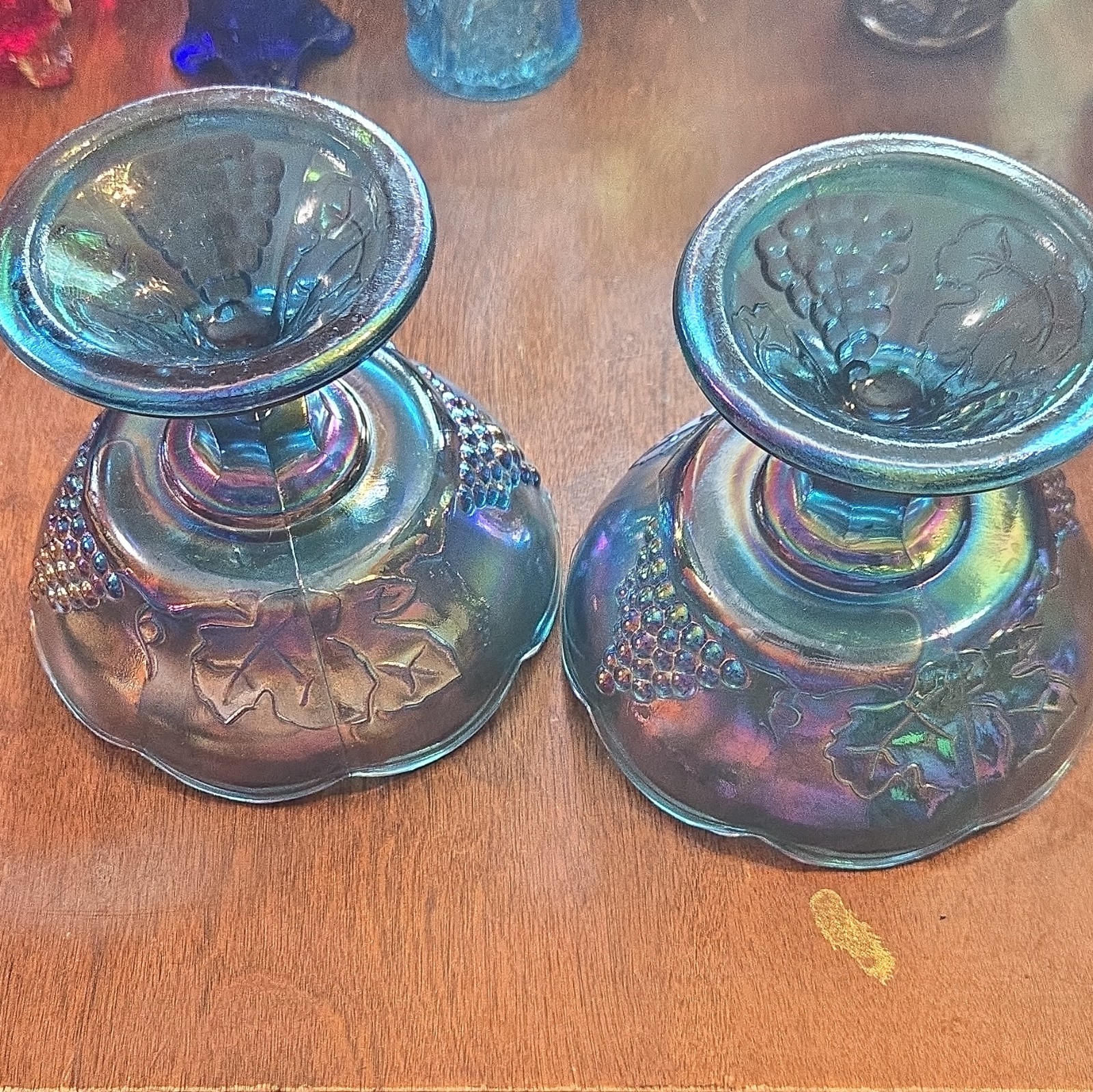 Blue Iridescent Glass Carnival Grape Pattern Taper Candle Holders Pair