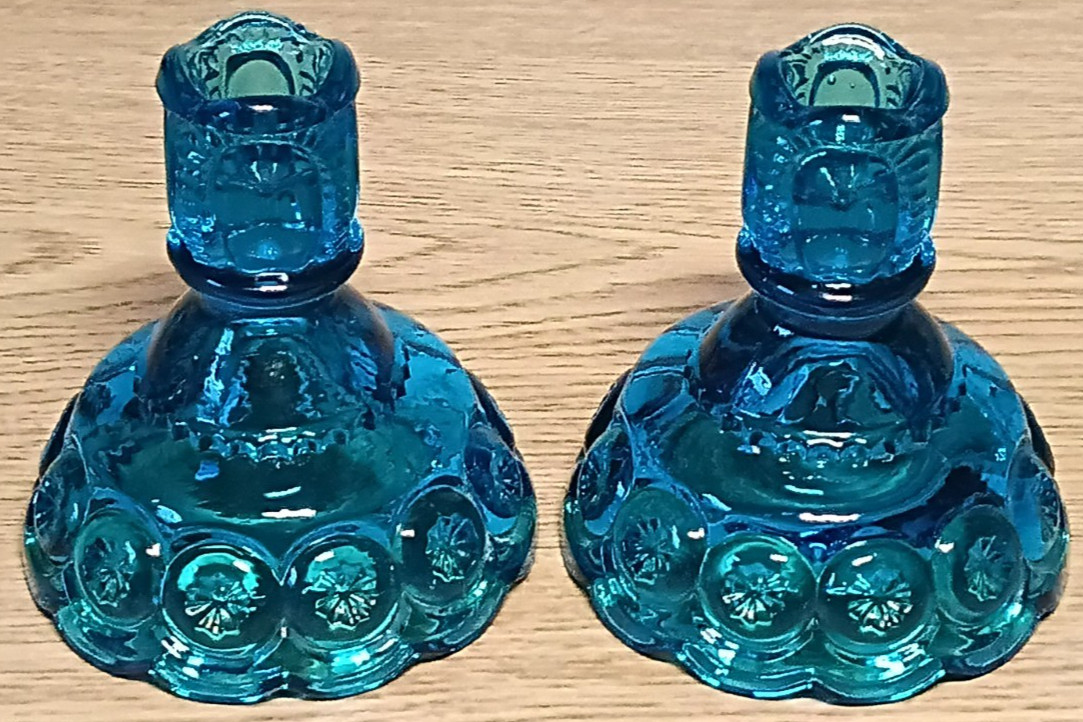 Pair of L.E. Smith Blue Glass Moon & Stars Candle Holder