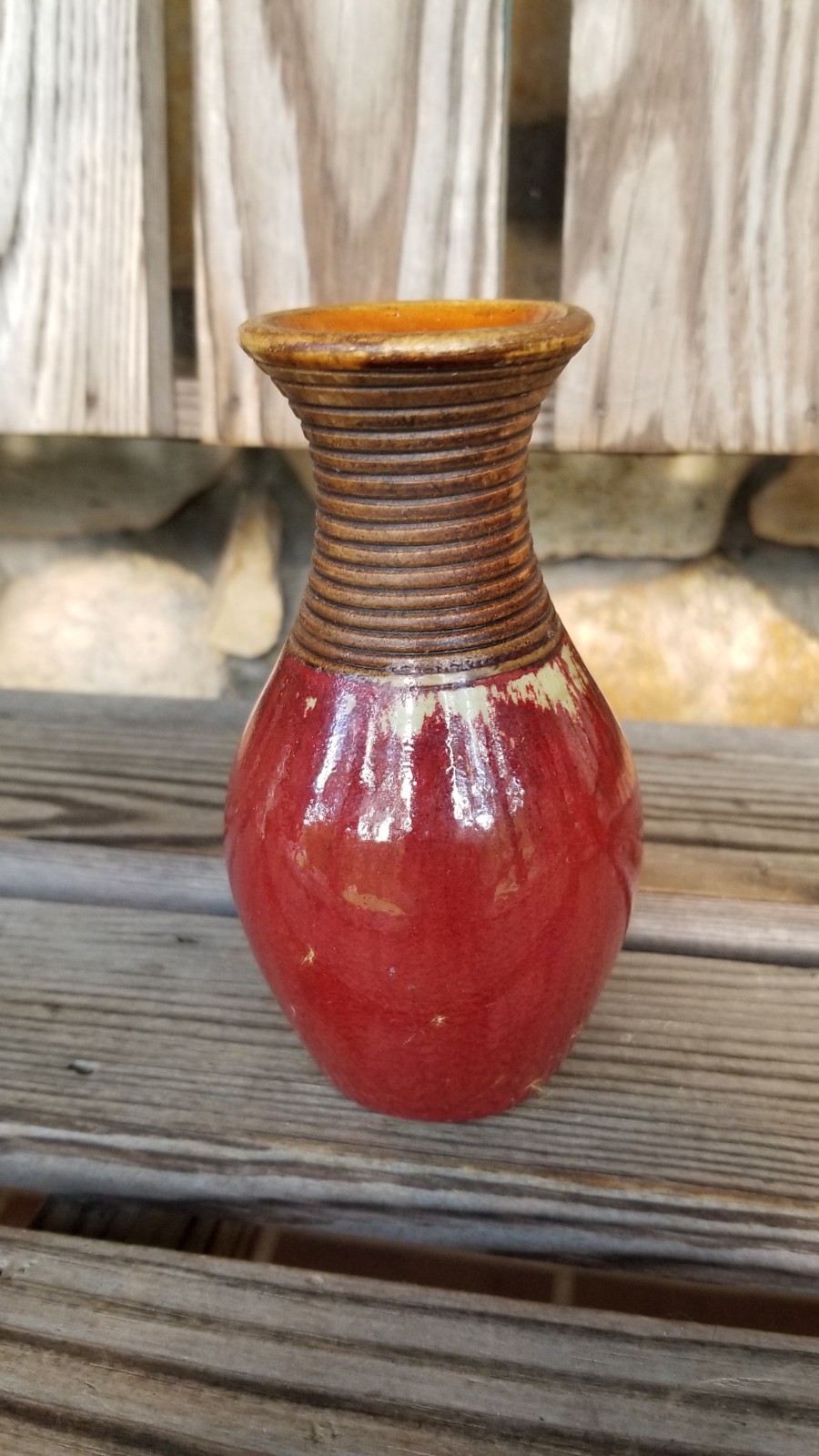 5.5″ Pottery + Wood Vase Vintage w/Red Fabric Dahlia Autumn Thanksgiving Decor