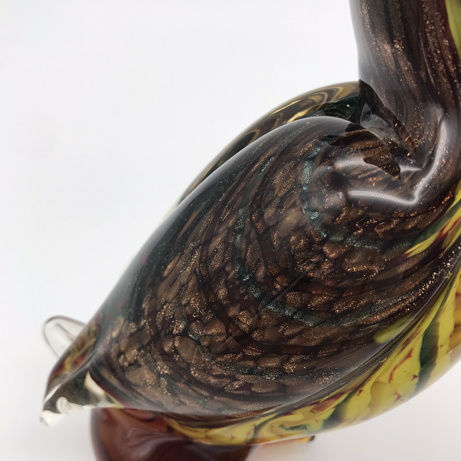 Art Glass Pelican Bird Animal Colored Flecks Green Yellow Amber Color Heavy READ