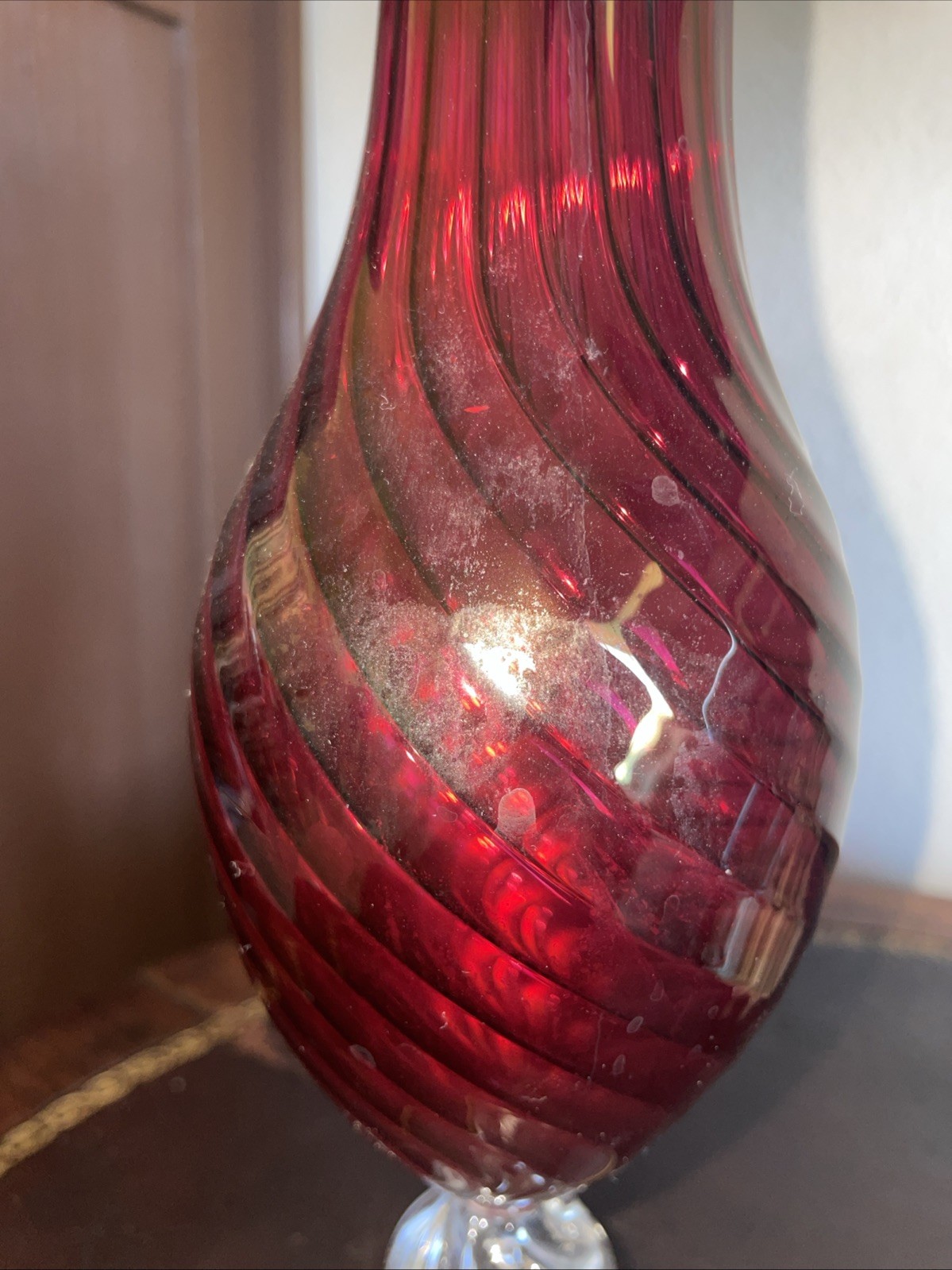 VTG Hand Blown Ribbed and Swirled Cranberry Glass Vase By Zodax Egypt 12.5”
