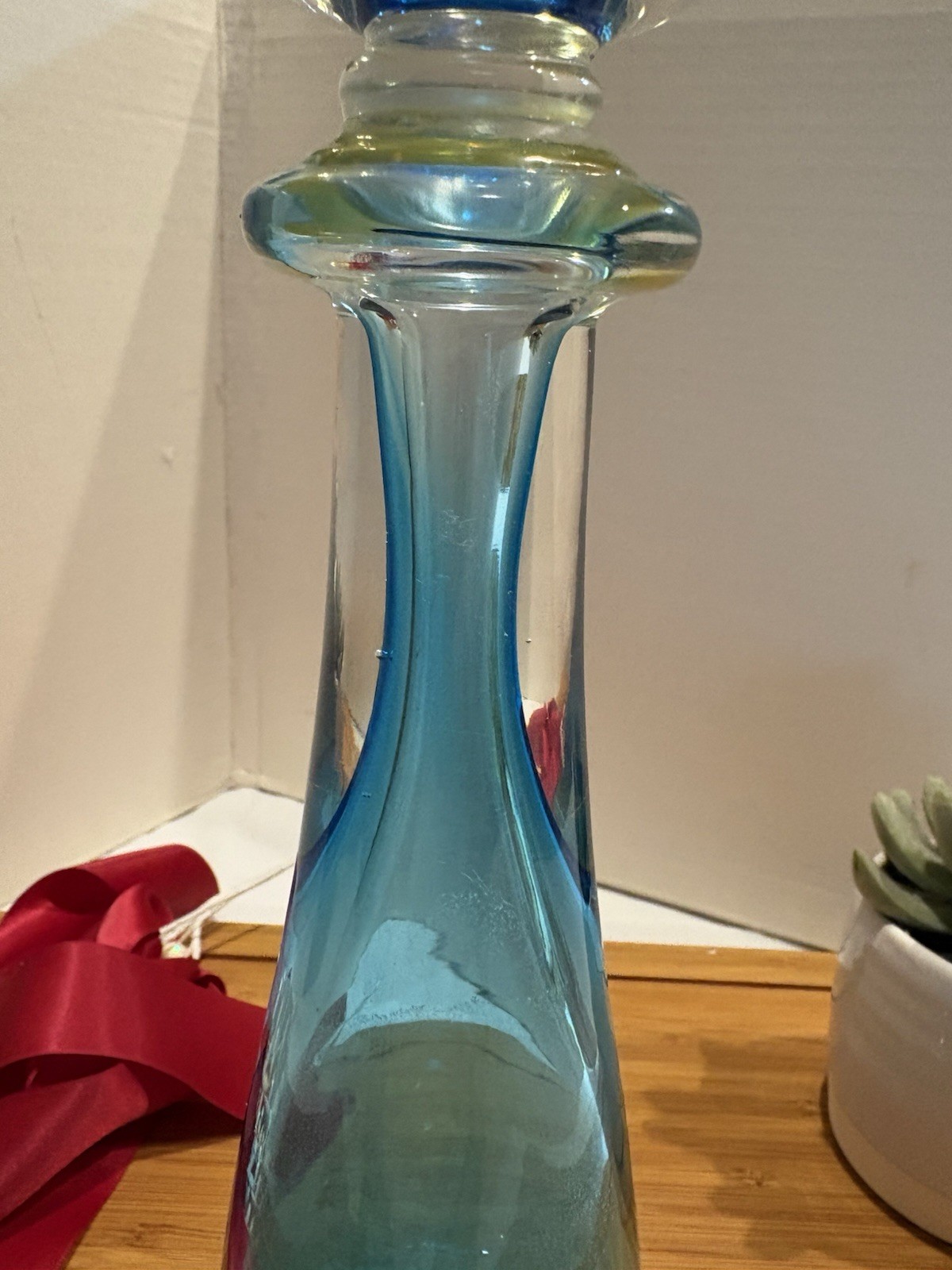 Vintage MCM Peacock Aqua Blue Glass Art Glass Maybe Candle Holder Hand Blown