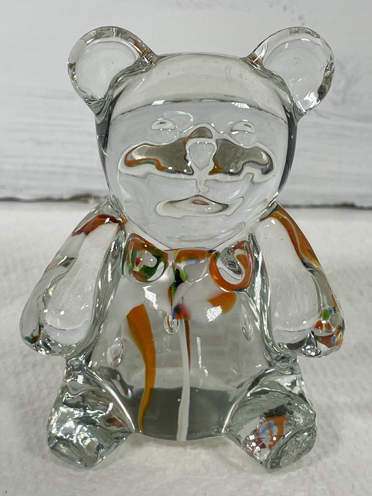 Glass Bear Paperweight Clear Glass with Colored Glass 3 inches tall
