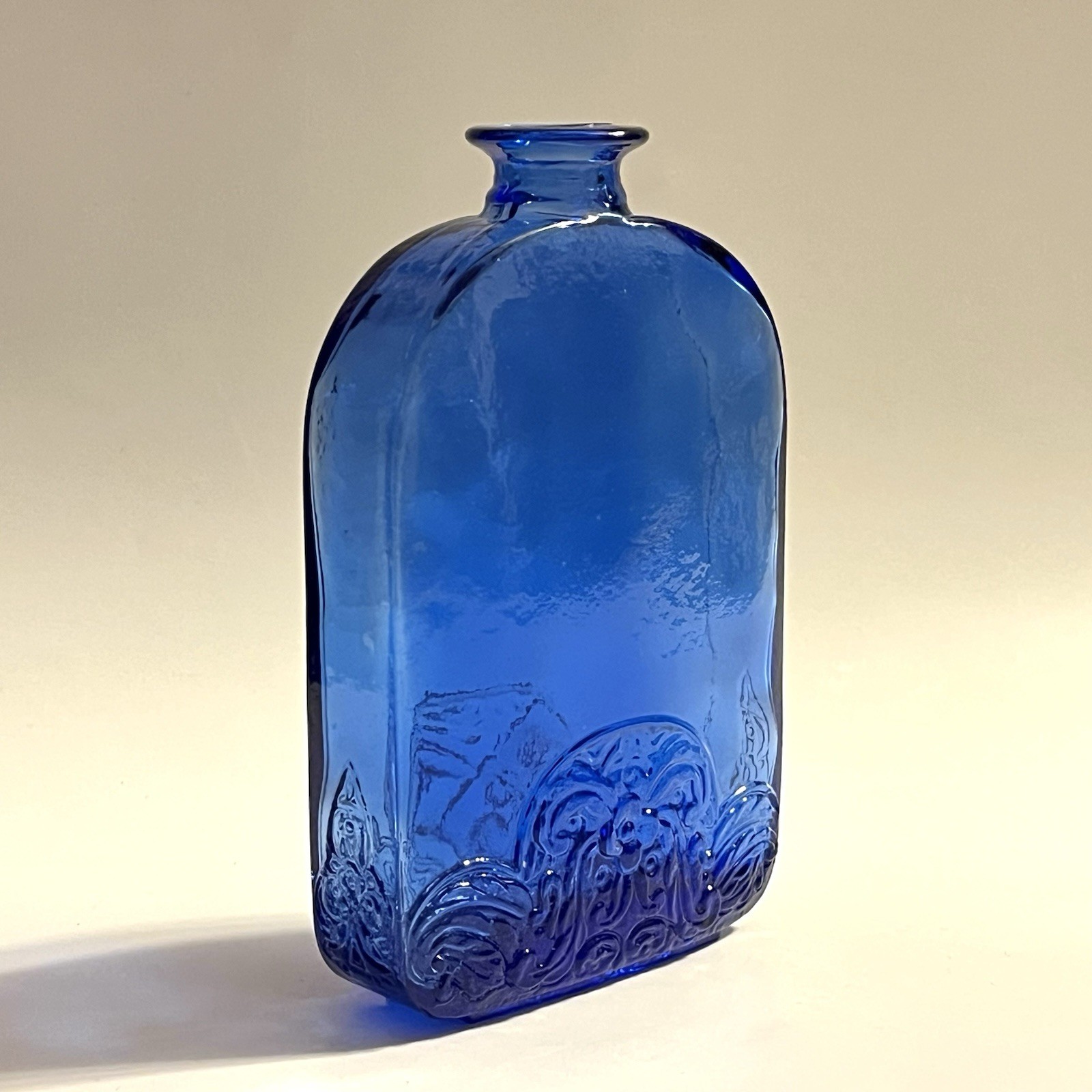 Vidrios de Levante Floral Embossed Cobalt Blue Recycled Glass Bottle SPAIN 5.5”H