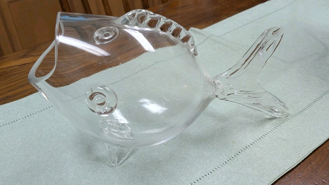 Blenko Style Art Glass Hand Blown Clear Large Fish Vase Bowl 12” Inches