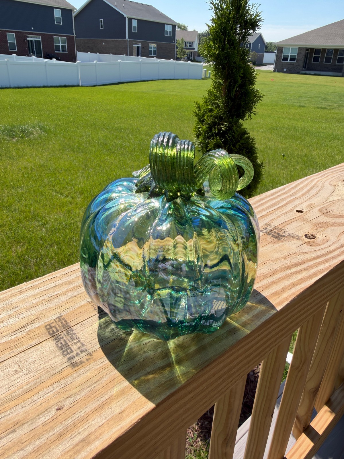 Hand Blown Art Glass Pumpkin Aqua Green Swirl Decorative Fall Harvest OOAK 5-6”