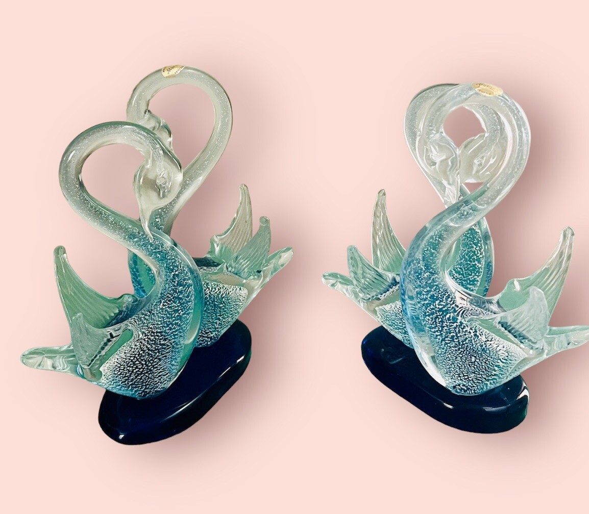 2 Rare MURANO Italy Art Glass Pair of Swans Blue Silver Figurine Heart Love