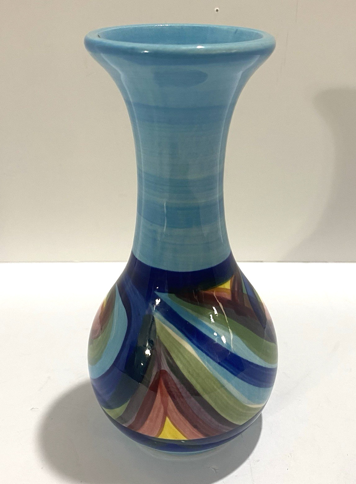 Gail Pittman Hand Painted Art Pottery Bud Vase Signed Multicolor Blue Swirl 6.5″