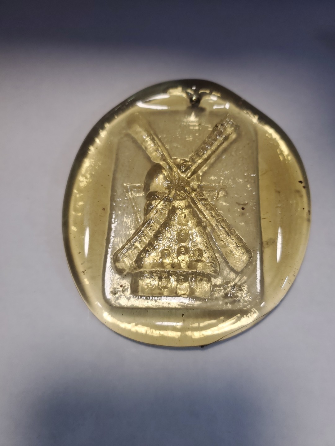 Thick Pressed Art Glass Suncatcher Yellow Windmill Medallion Ornament 4.5″ DY