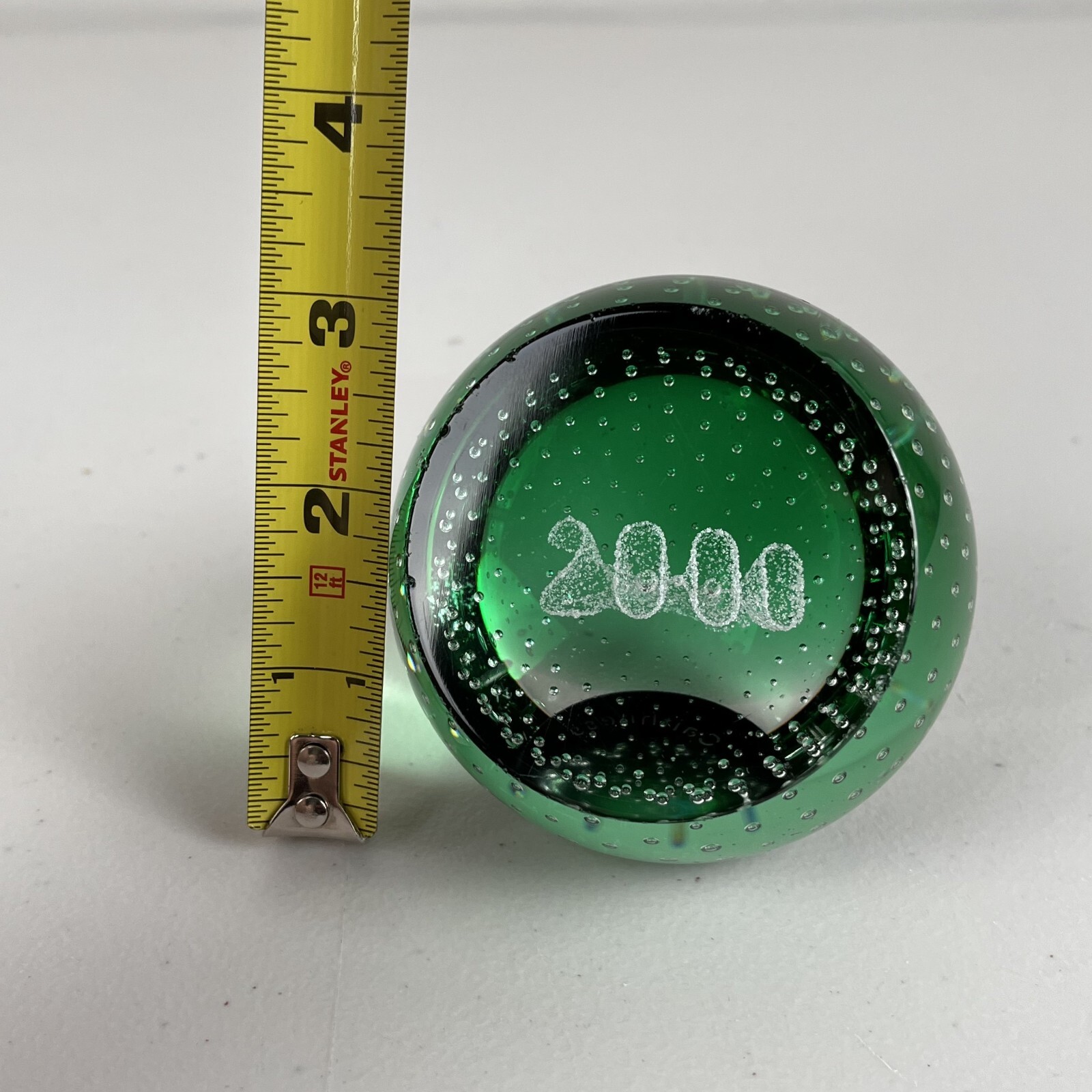 Vintage Caithness Scotland Green Glass Paperweight White Clear 2000 Y2K