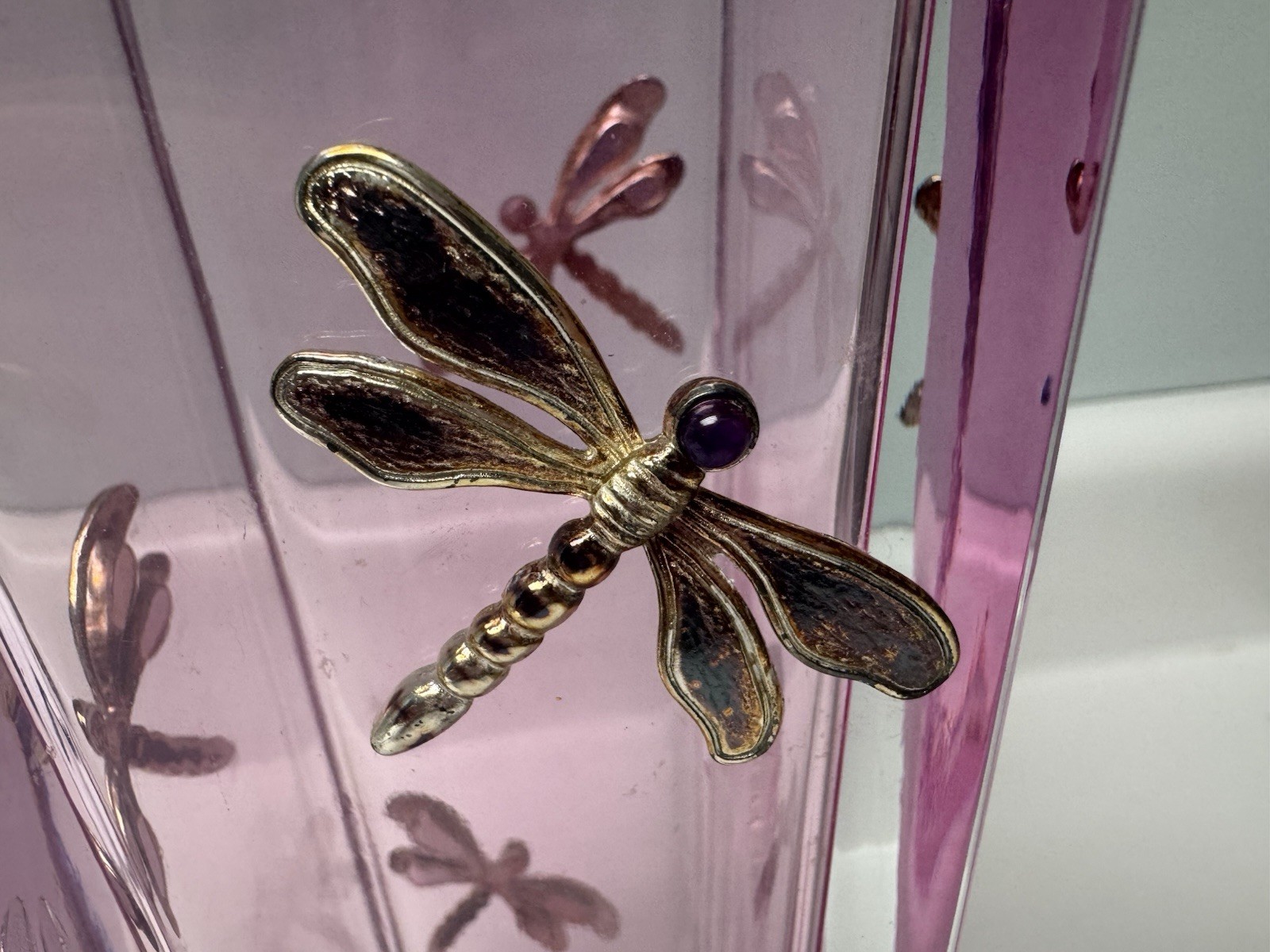 Vintage Teleflora Pink Czech Republic Crystal Case W/ Dragonflies