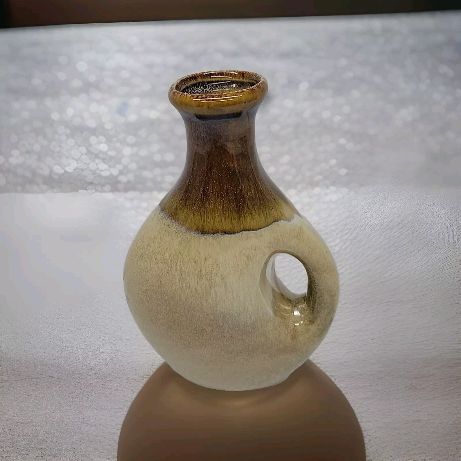 Brown, Beige & Blue Glazed Ceramic Vessel Vase – Decorative with Handle